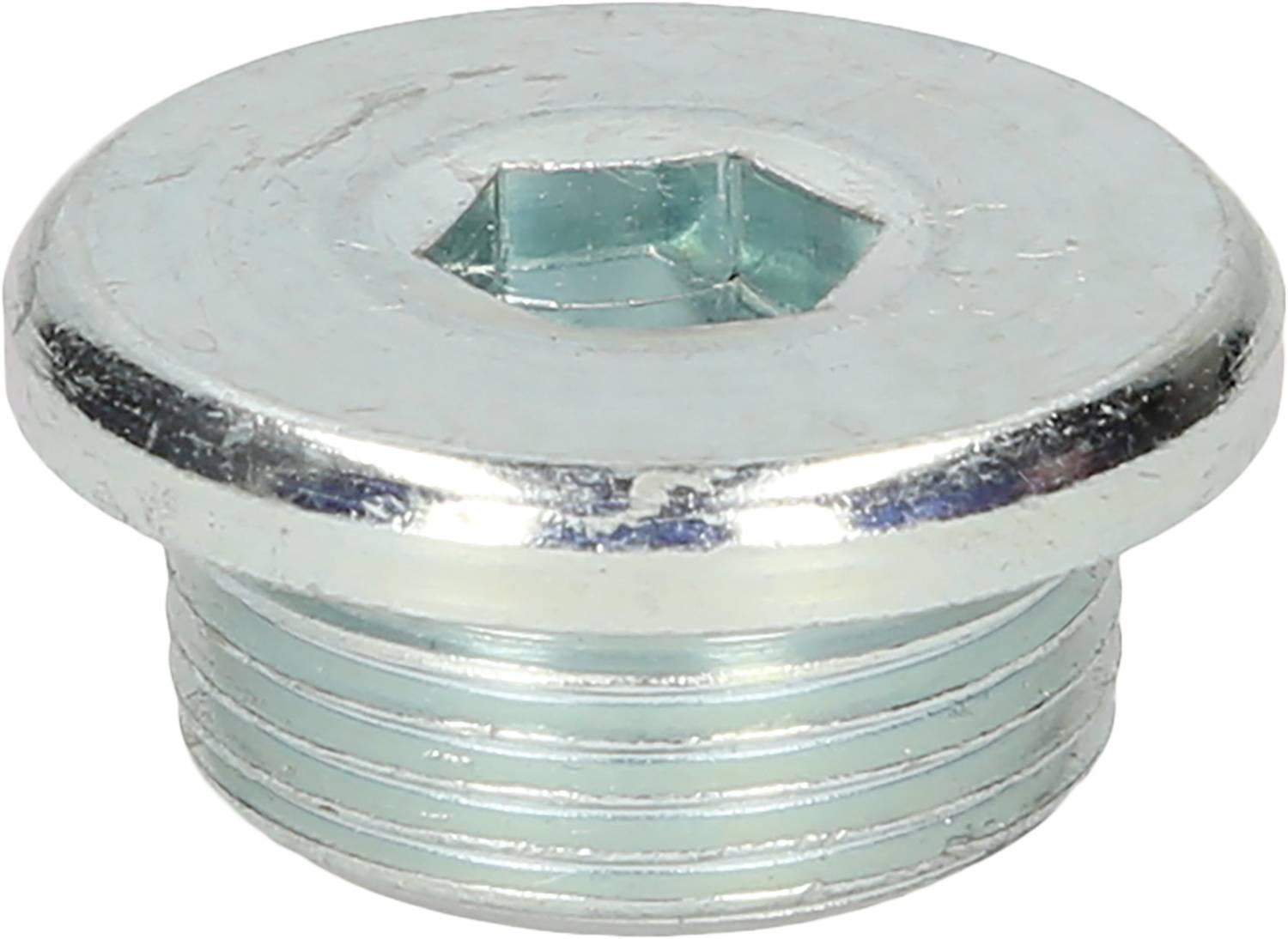Metallschraubstopfen mit sechseckigem Innensechskantkopf, zylindrisches Gewinde, silberfarbig, für Verschluss oder Dichtung.