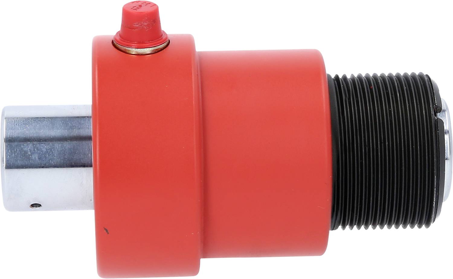 Ein roter Zylinder mit schwarzem geripptem Segment und silbernem Ende. Oberseite hat einen kleinen roten Knopf.