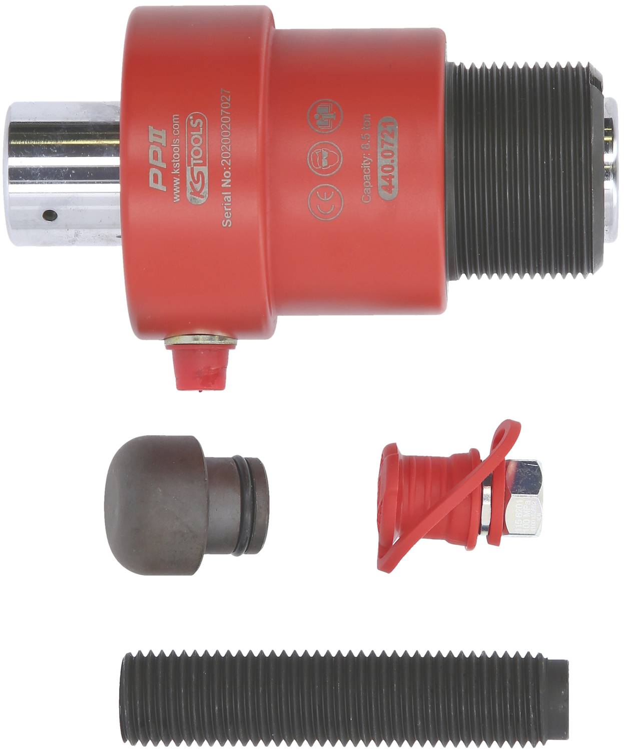Ein rotes Werkzeugset mit mehreren Teilen, darunter ein Hauptzylinder mit Aufschrift, eine zusätzliche Kappe, eine Schraube und ein Verlängerungsarm. Geeignet für mechanische Anwendungen.