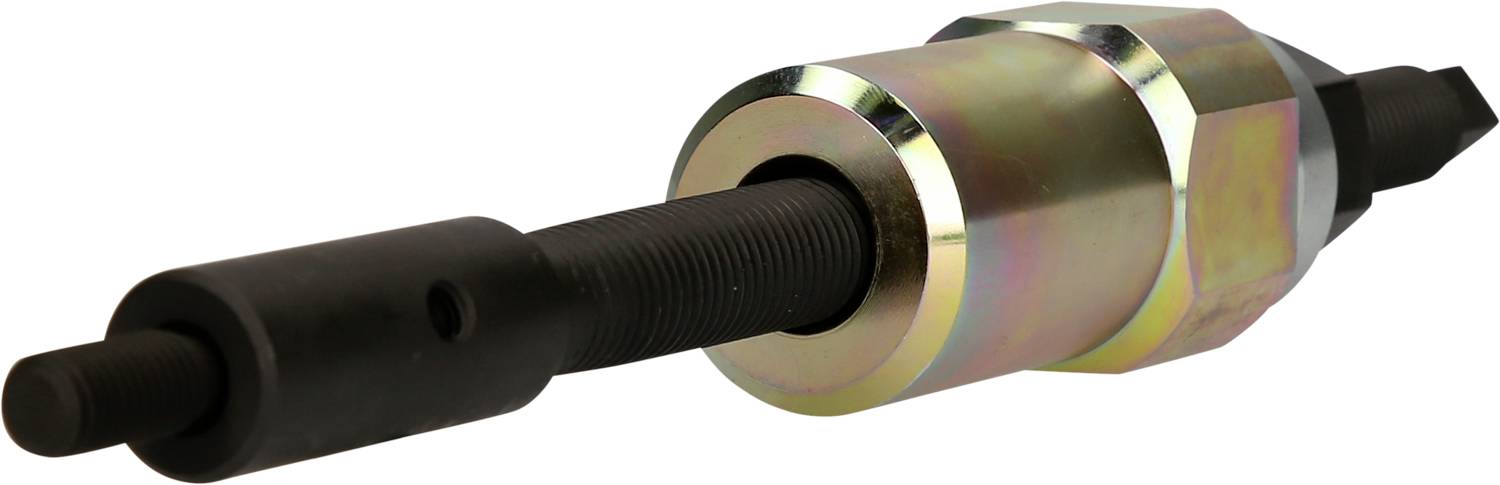 Ein schwarzer Metallbolzen mit zylindrischem, glänzendem Aufsatz, der wie ein Werkzeug zur Metallbearbeitung aussieht.