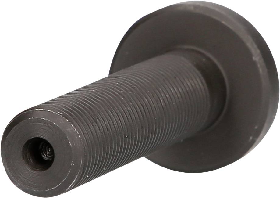 Eine schwarze Metalldrehschraube mit einem Gewinde, flachem Kopf und einem zentralen Loch, wahrscheinlich für technische Anwendungen.