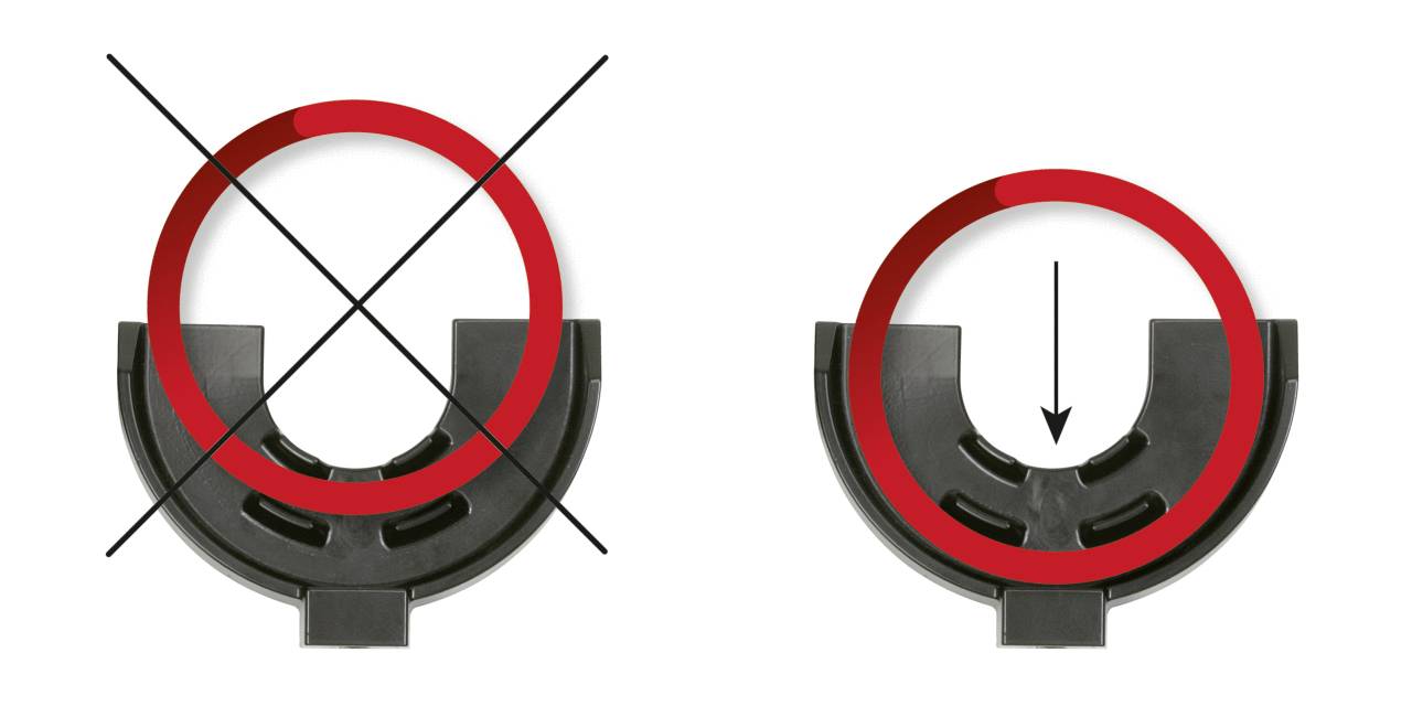 Links: ein verkehrt eingesetzter, roter Ring in einer schwarzen Halterung mit Kreuz darüber. Rechts: Ring korrekt eingesetzt, Pfeil zeigt nach unten.