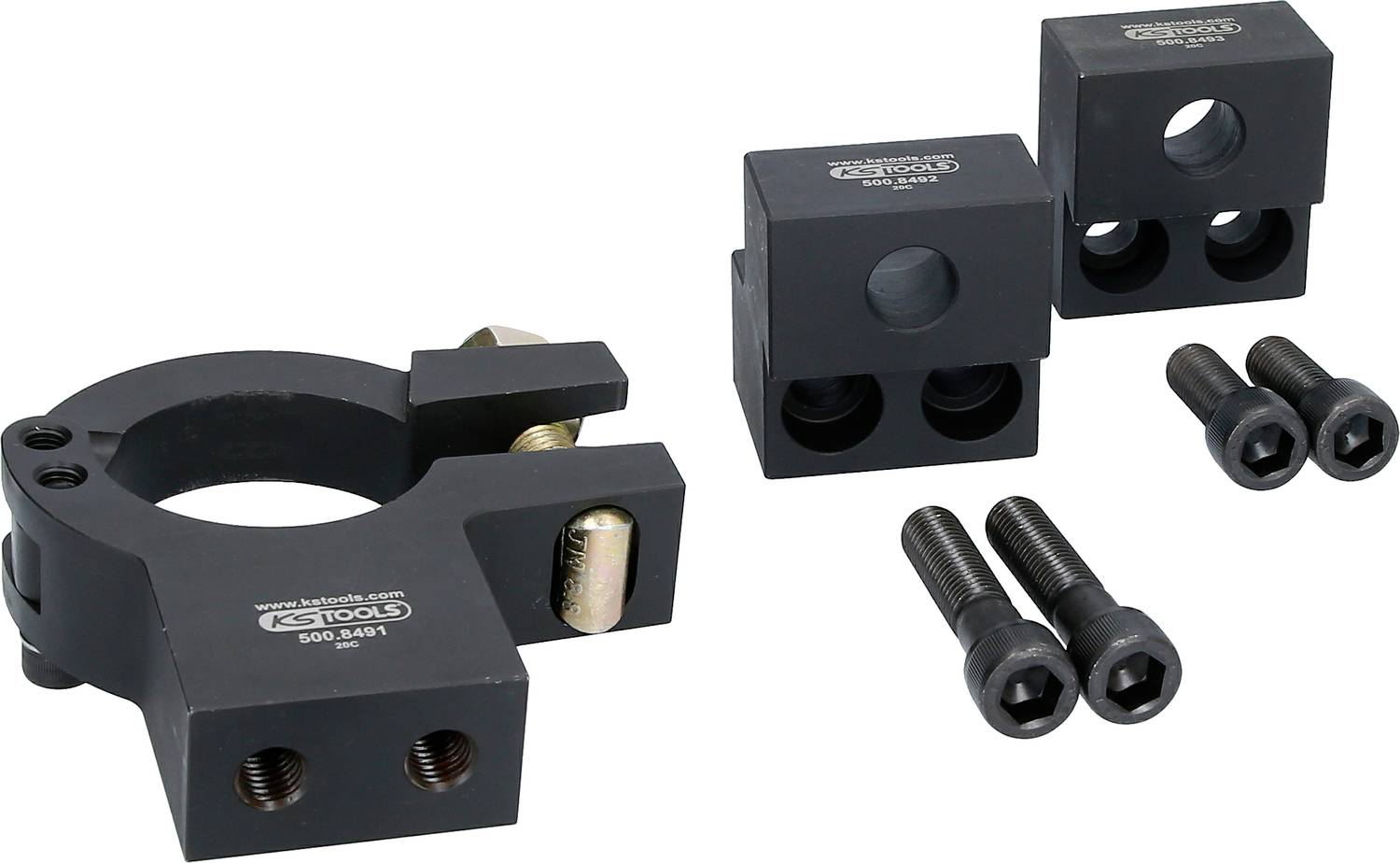Teile eines mechanischen Befestigungssystems, bestehend aus einem runden Halter, zwei rechteckigen Halterungen und Schrauben.
