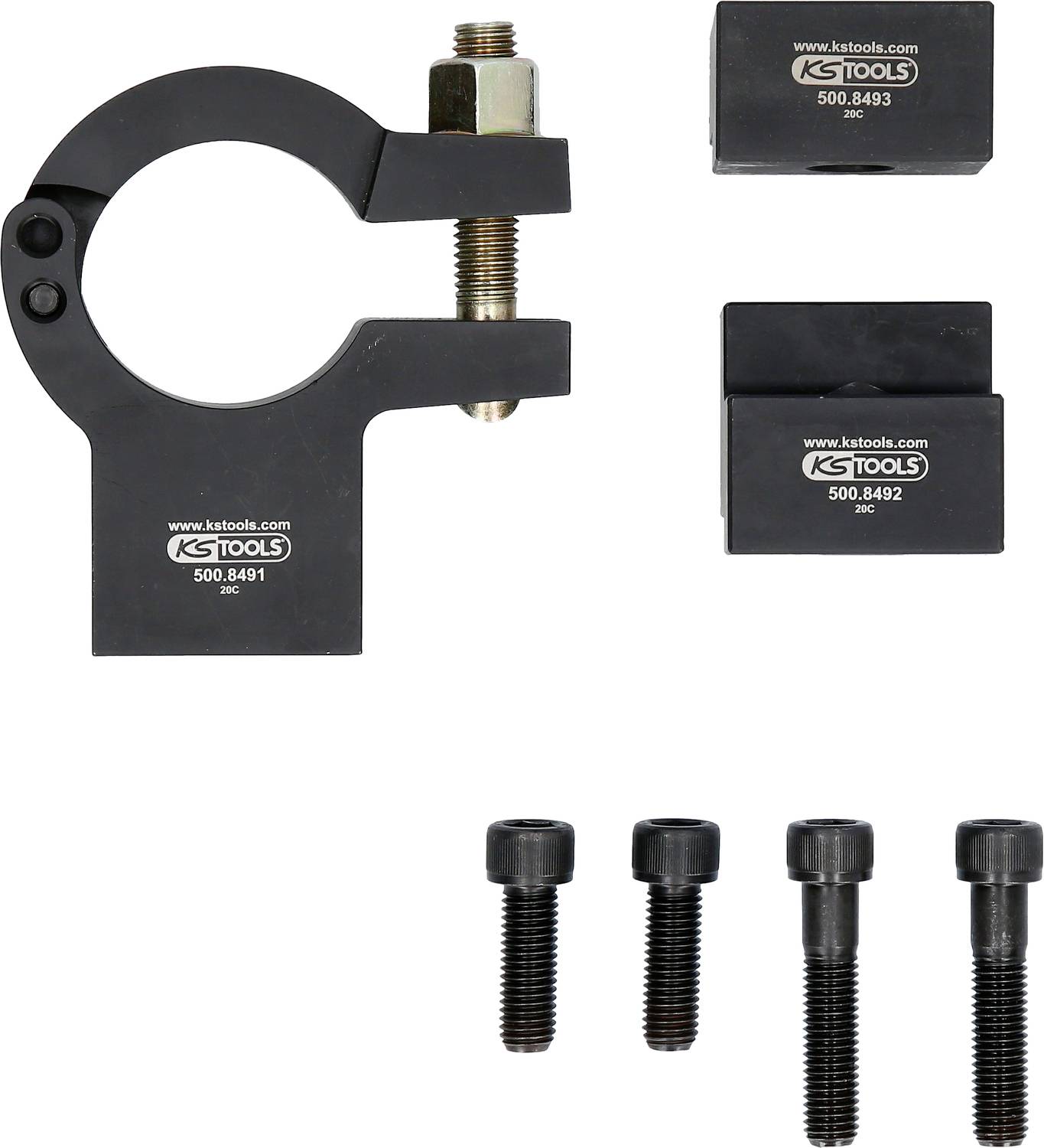 Klemmbacken-Satz von KS Tools, bestehend aus einer großen Klemme mit Schraubmechanismus für Achsenmontage und vier Schrauben.