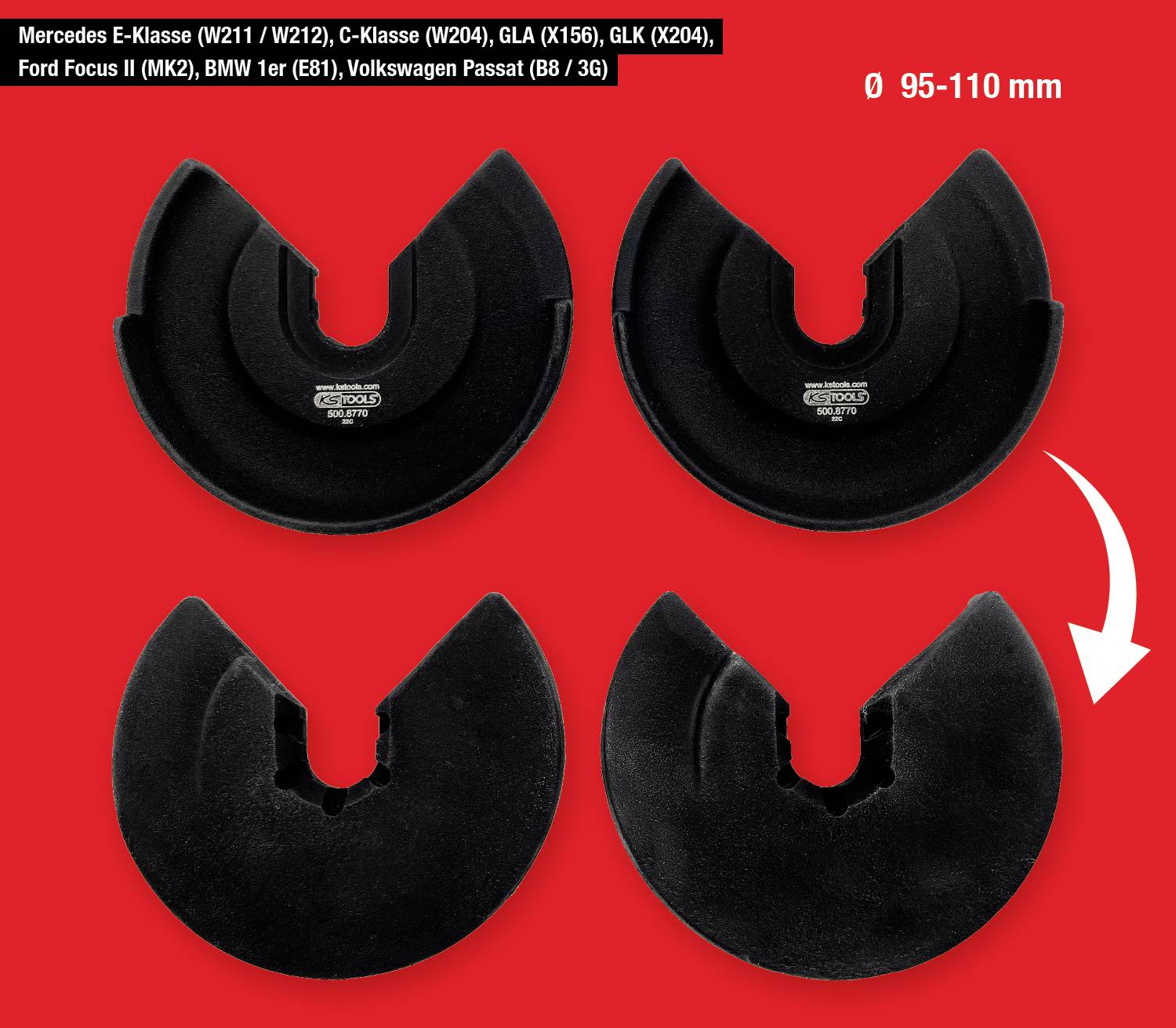 Vier schwarze, halbmondförmige Gummipuffer auf rotem Hintergrund, passend für verschiedene Mercedes-, Ford- und BMW-Modelle, Durchmesser Ø 95-110 mm.