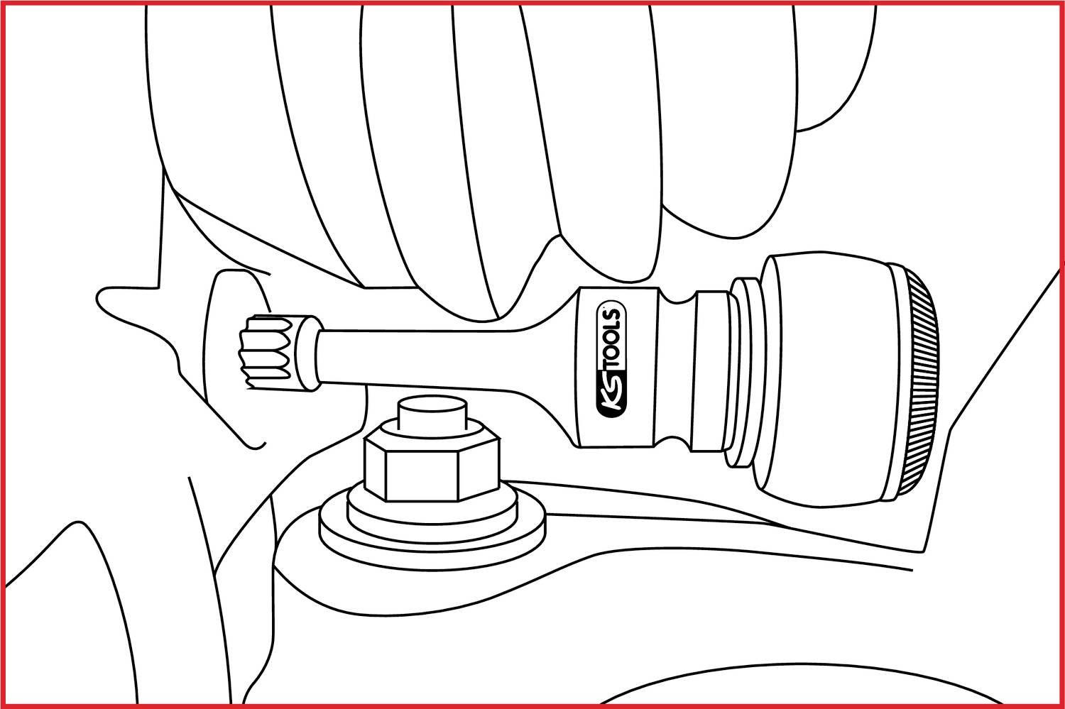 Eine Hand hält einen KS Tools Schraubenschlüssel, der an einer Mutter an einem mechanischen Teil befestigt ist.