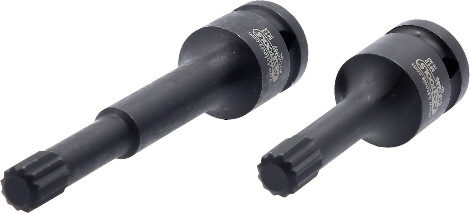 Zwei schwarze Werkzeuge mit geriffeltem Griff und zylindrischem Körper auf weißem Hintergrund, verwendet für präzise mechanische Arbeiten.