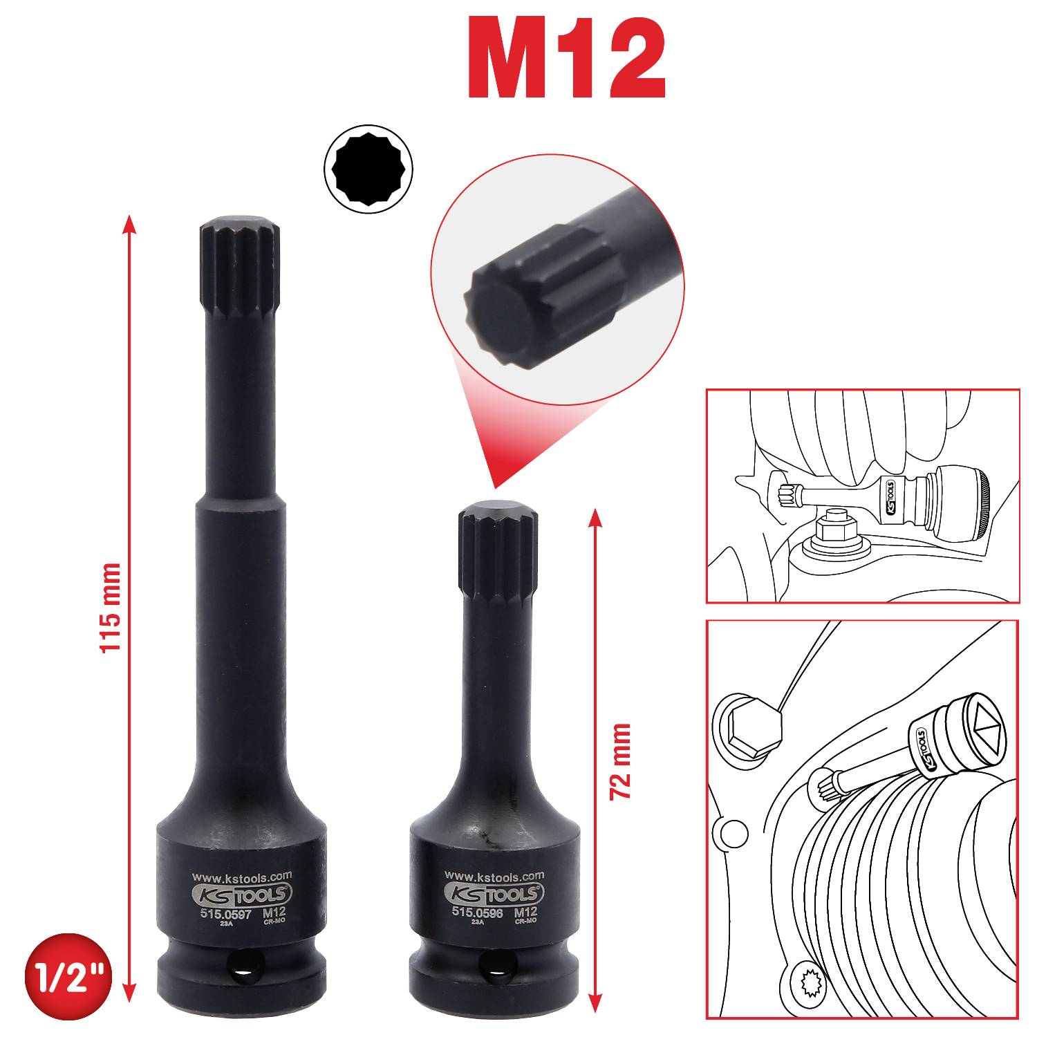 Zwei M12-Bitverlängerungen von KS Tools für 1/2-Zoll-Antriebe, mit Längen von 115 mm und 72 mm. Gezeigt mit technischen Zeichnungen.