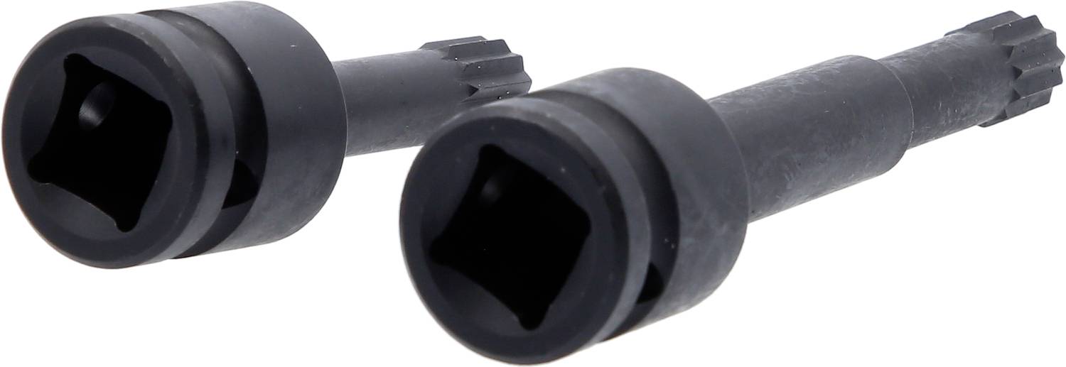 Zwei schwarze Stecknüsse mit Vierkantaufnahme, geeignet für die Verbindung mit Werkzeugen wie Ratschen oder Drehmomentschlüsseln.