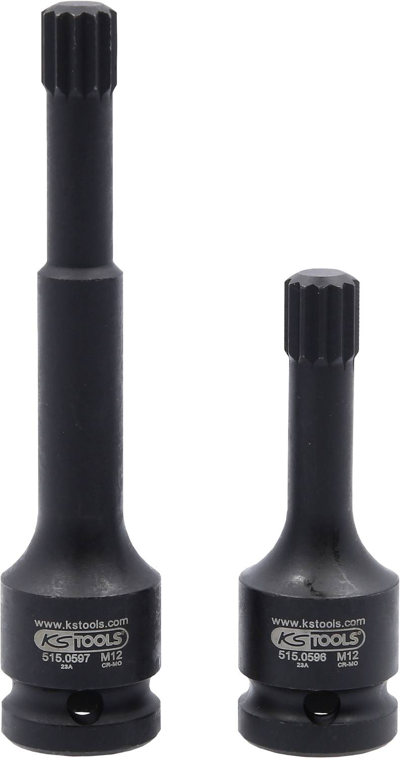 Zwei schwarze Kfz-Spezialwerkzeuge in unterschiedlichen Längen nebeneinander, die Aufschriften mit Markennamen und Spezifikationen tragen.