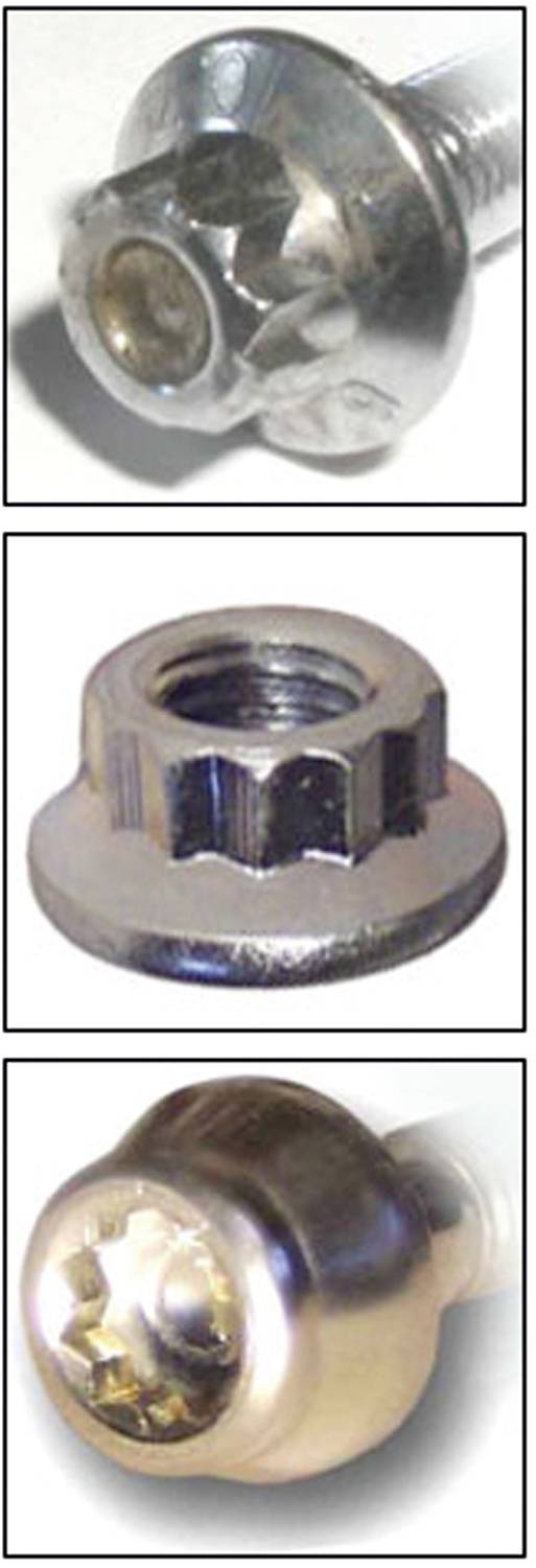 Drei Fotos von Schrauben und Muttern: Oben ein Torx-Schraubenkopf, in der Mitte eine gezahnte Mutter, unten ein weiterer Torx-Schraubenkopf.