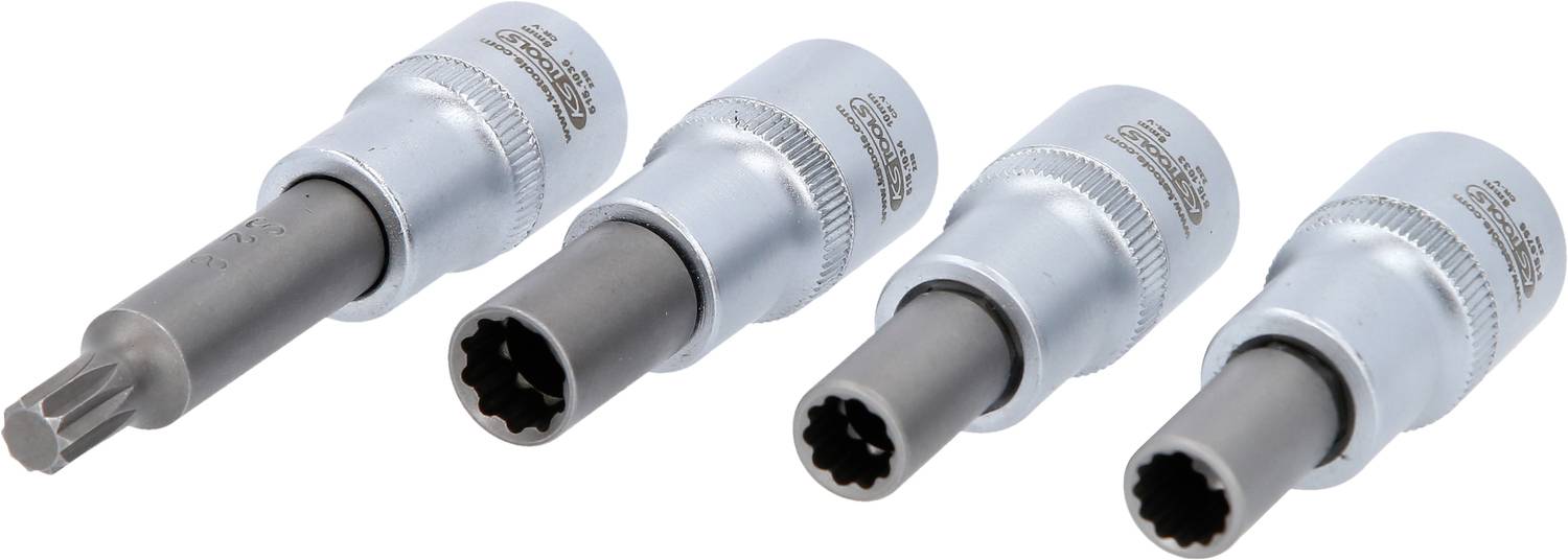 Vier silberne Steckschlüssel-Aufsätze mit dunkleren Spitzen in einer Reihe, für Torx-Schrauben geeignet.