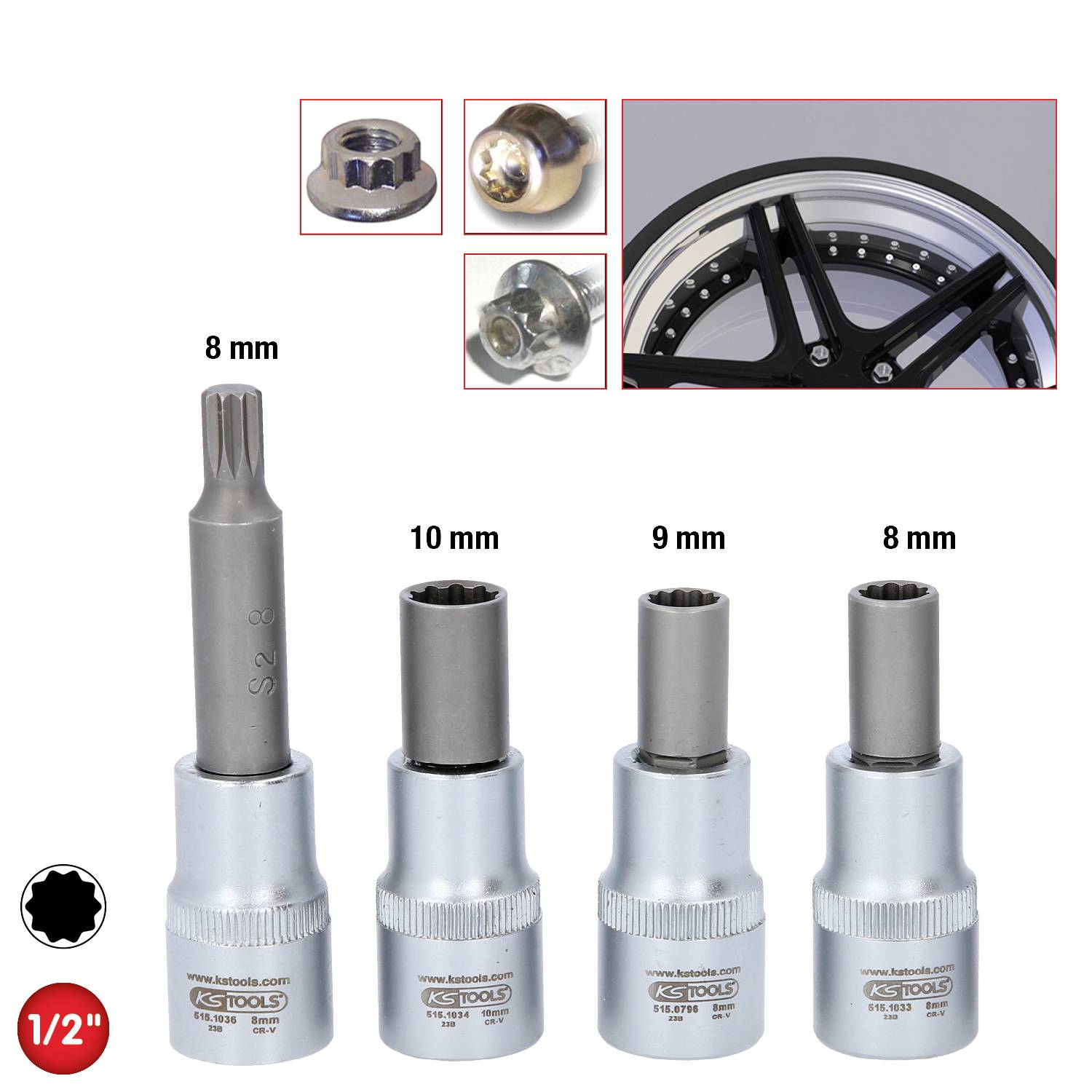 Satz von 4 Metallnüssen in verschiedenen Größen (8 mm, 9 mm, 10 mm). Anwendbar für spezialisierte Radschrauben.