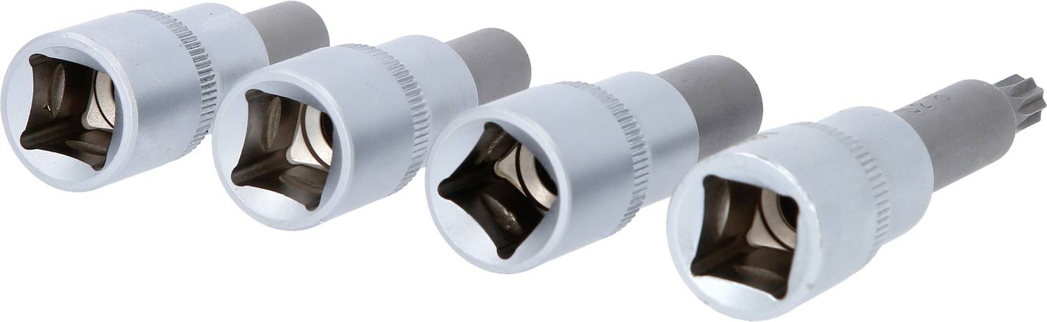 Vier silberne Steckschlüssel-Aufsätze in einer Reihe, mit quadratischen Öffnungen und geriffelter Oberfläche, auf weißem Hintergrund.