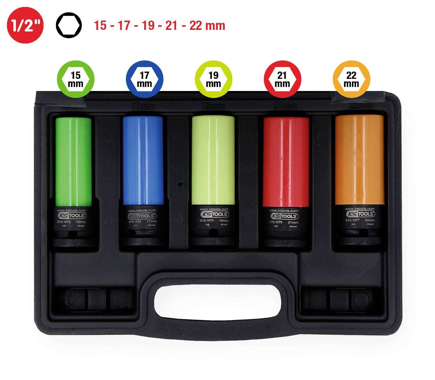 Werkzeugkasten mit fünf farbcodierten Nüssen von 15 bis 22 mm, aufgereiht in einem schwarzen Halter mit Griff.