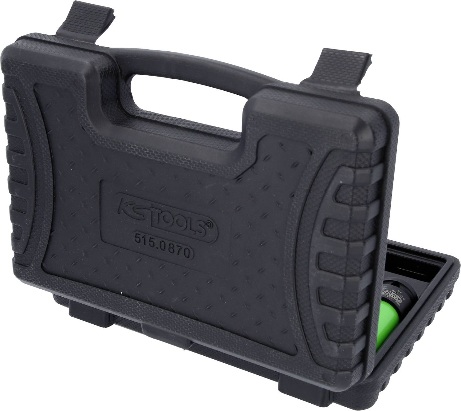 Ein schwarzer Werkzeugkoffer mit einem dekorativen Muster. Ein Teil des Inhalts ist sichtbar.