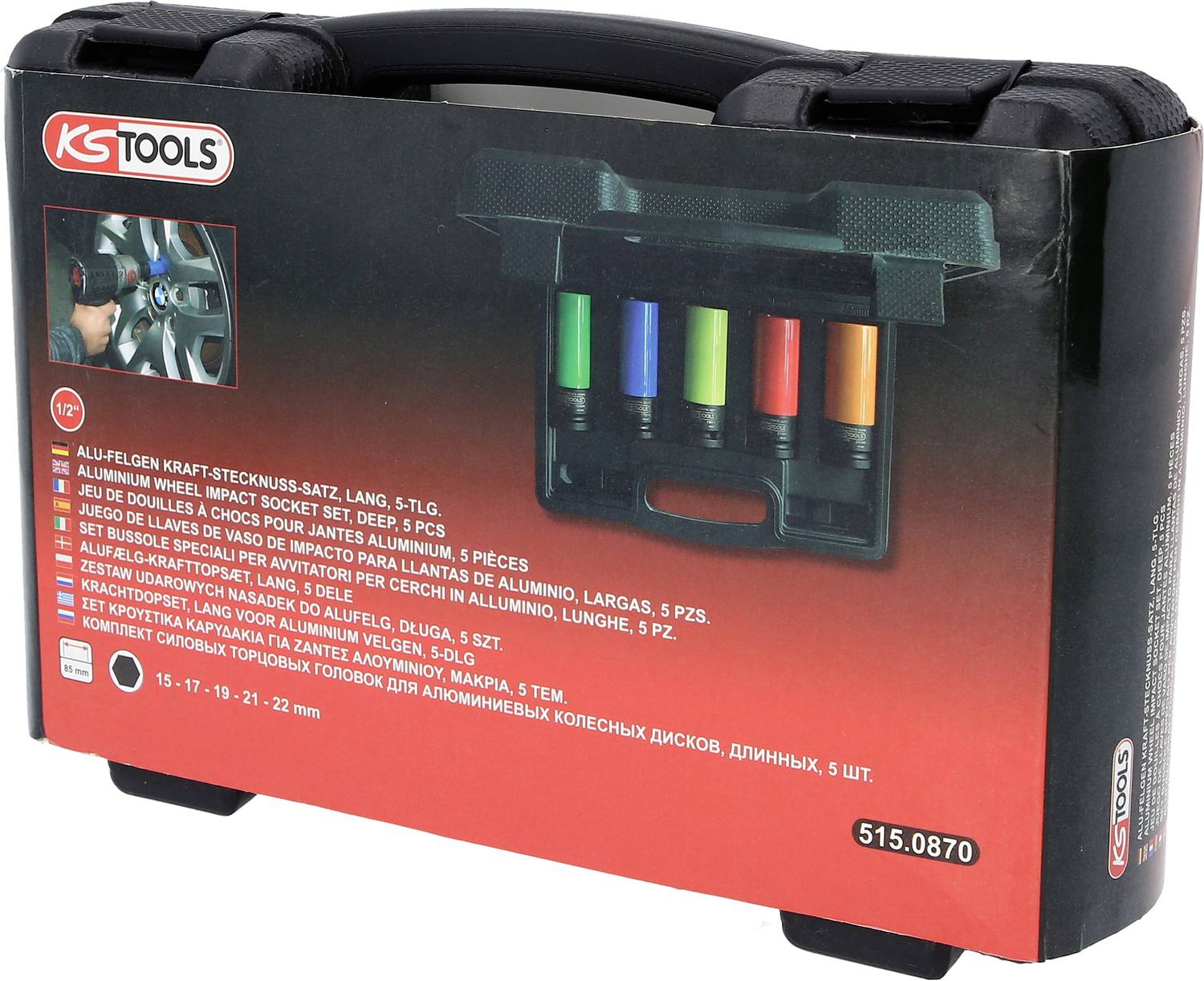 KS Tools Koffer mit fünf langen Alufelgen-Steckschlüsseln in verschiedenen Farben, geeignet für 15-22 mm.