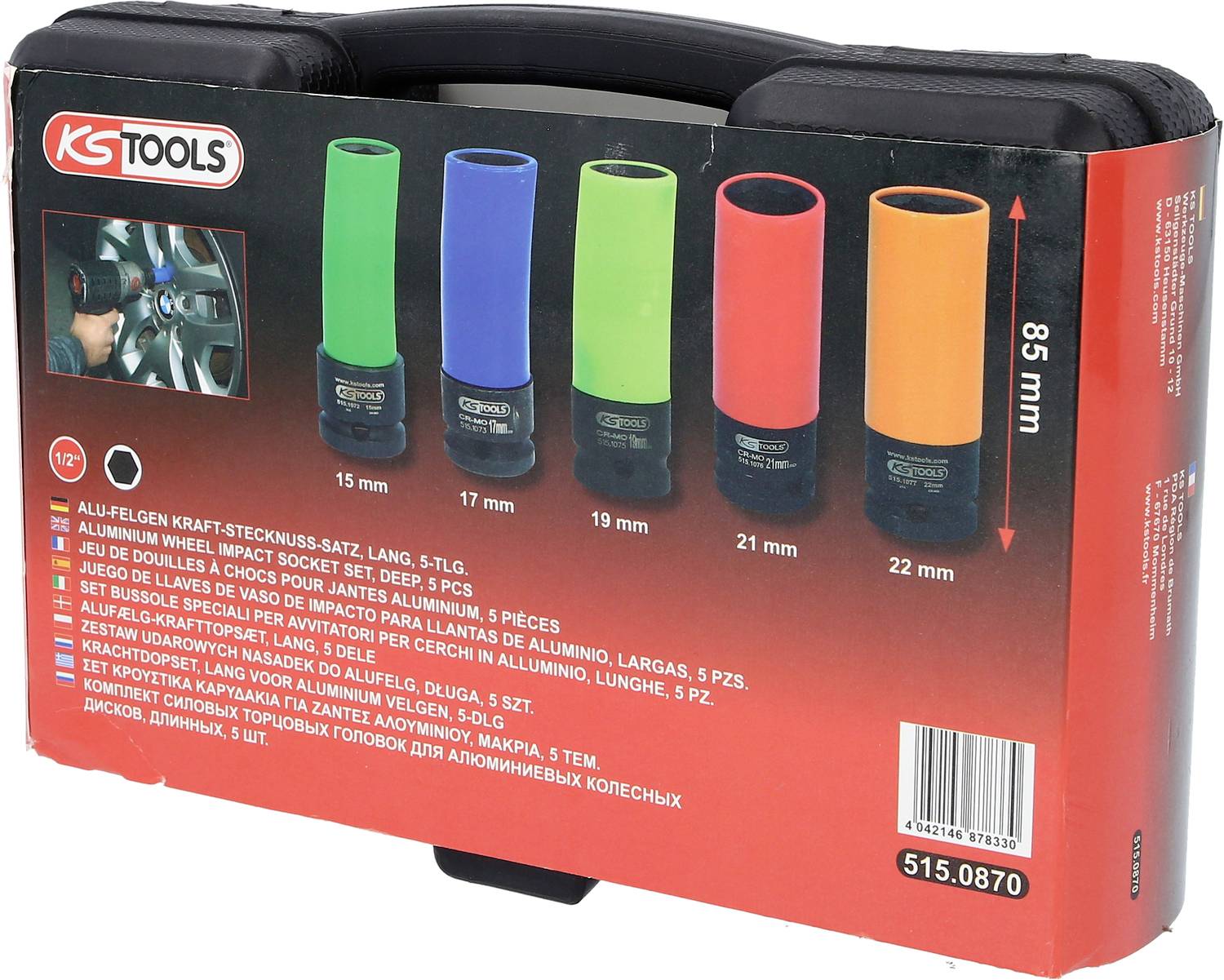 KS Tools Alufelgen Kraft-Stecknuss-Satz, 5-teiliger Satz mit farbcodierten Stecknüssen; Größen: 15, 17, 19, 21, 22 mm.