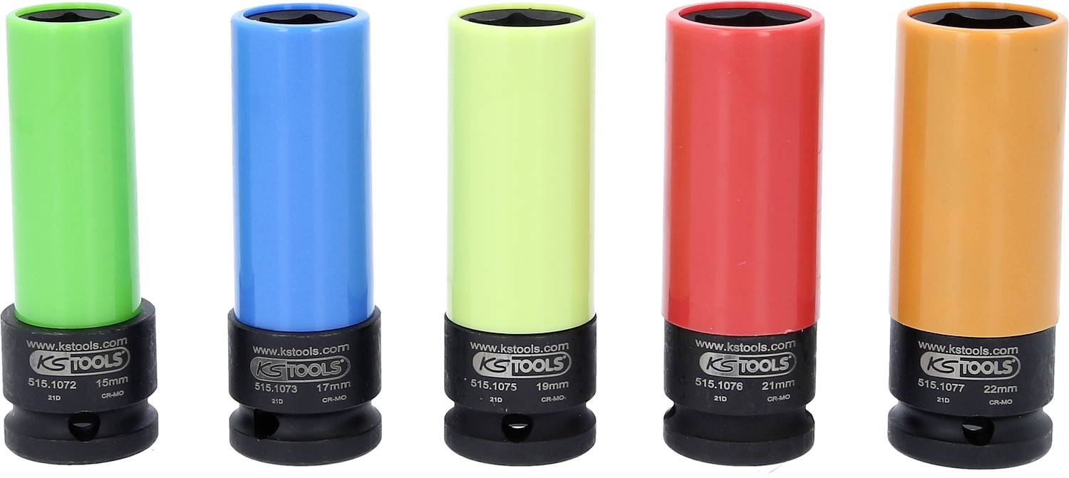 Fünf farbige Steckschlüssel in Blau, Grün, Gelb, Orange und Rot, geeignet für Radmuttern. Jeder Schlüssel hat eine andere Größe.