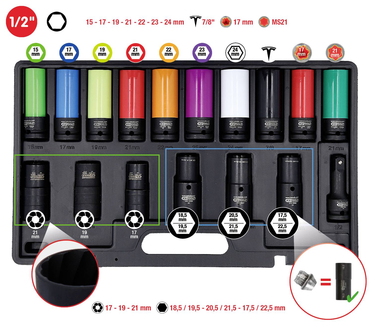 Werkzeugset mit 11 farbigen Nüssen von 15 bis 24 mm, inklusive Adapter und Verlängerung. Größen hervorgehoben. Geeignet für MS21.