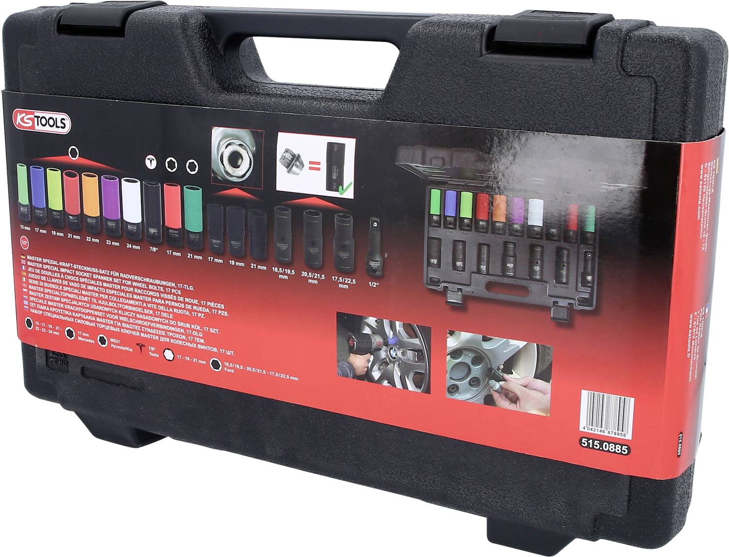 Schwarzer Werkzeugkoffer von KS Tools mit farbigen Aufsätzen, ideal für die Anpassung an unterschiedliche Schraubengrößen.