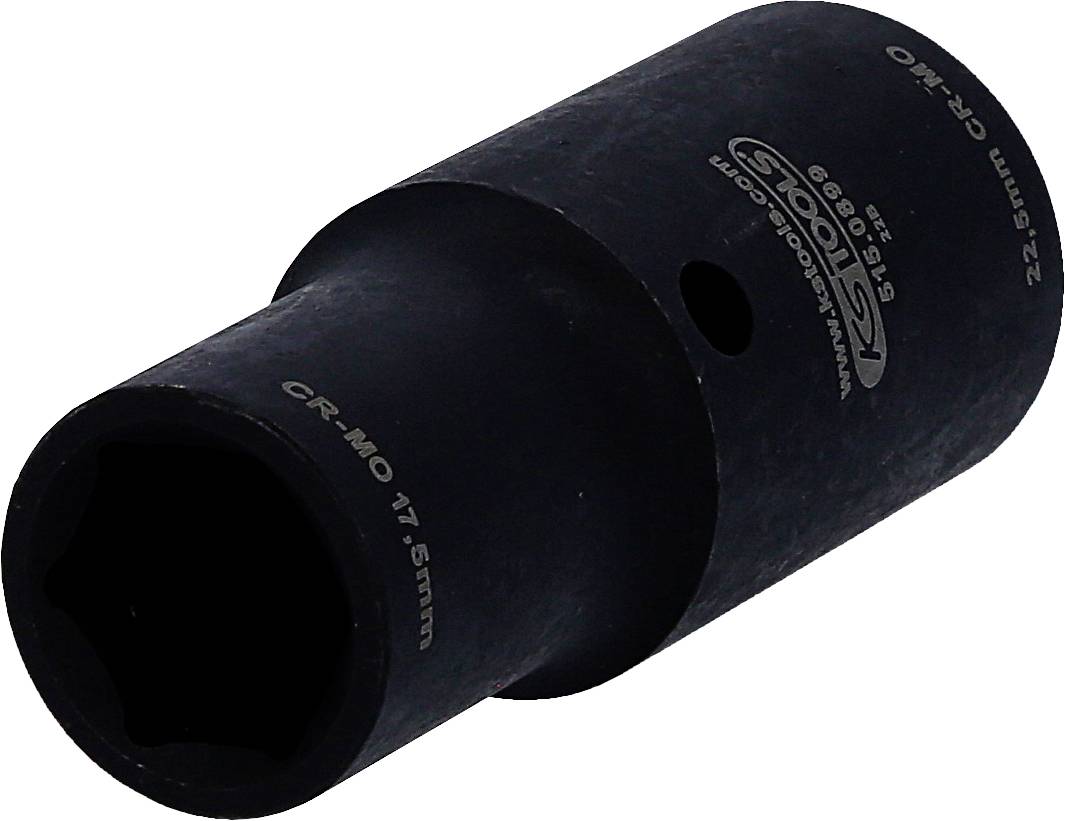 Schwarzer Steckschlüssel mit Sechskantöffnung, 22,5 mm, CR-MO 17,5 mm, mit Logos und Beschriftungen auf der Oberfläche.