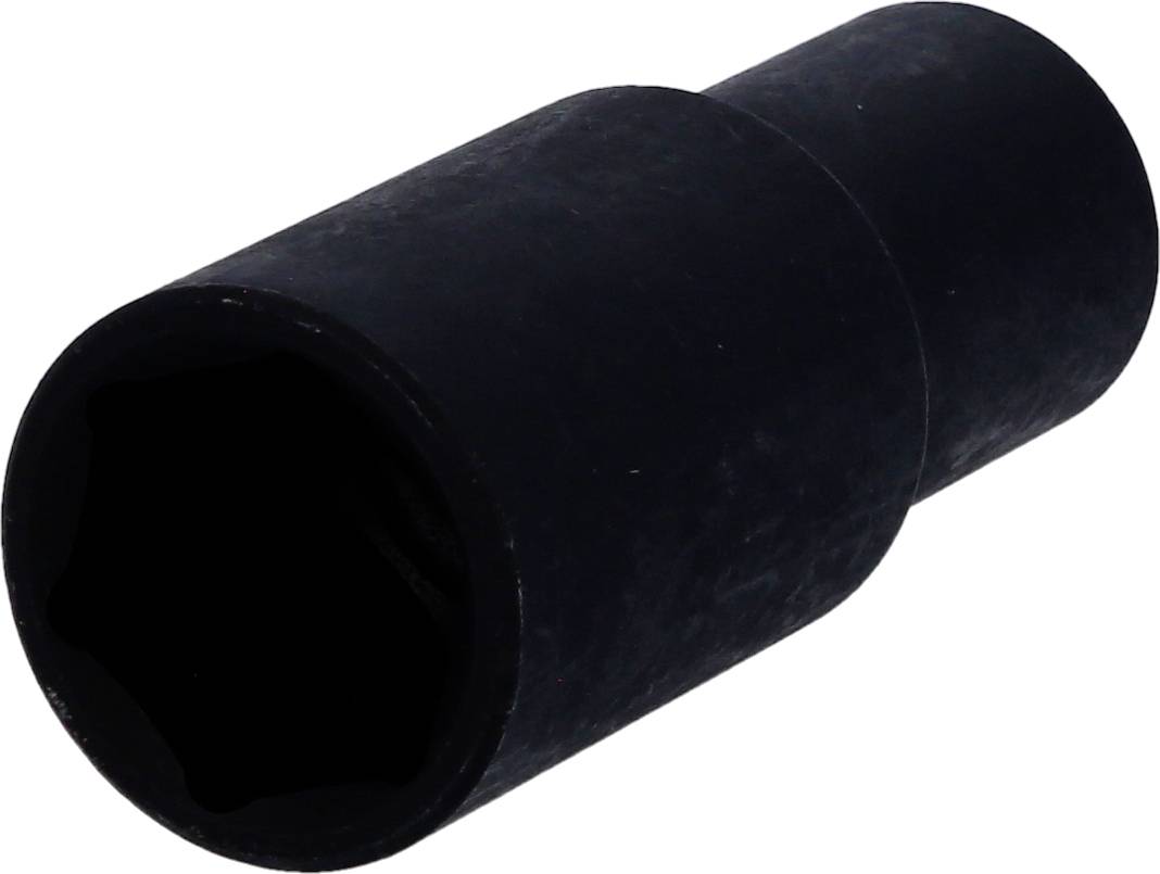 Eine schwarze Sechskant-Stecknuss, geeignet für mechanische Arbeiten mit Schrauben oder Muttern.