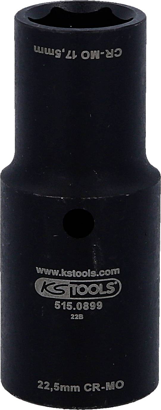 Ein schwarzer Steckschlüssel mit der Aufschrift 'KS Tools 515.0899 22,5mm CR-MO'. Geeignet für die Verwendung mit Fahrzeugen.