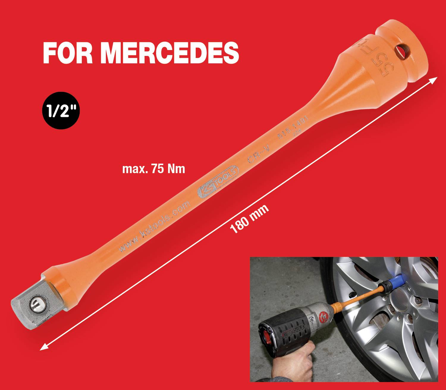 Oranger Drehmomentschlüssel-Verlängerung für Mercedes, 180 mm, max. 75 Nm, 1/2