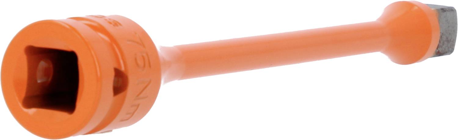 Ein orangefarbener Steckschlüssel-Aufsatz mit sechskantigem Ende, verwendet zum Anziehen oder Lösen von Muttern und Schrauben.