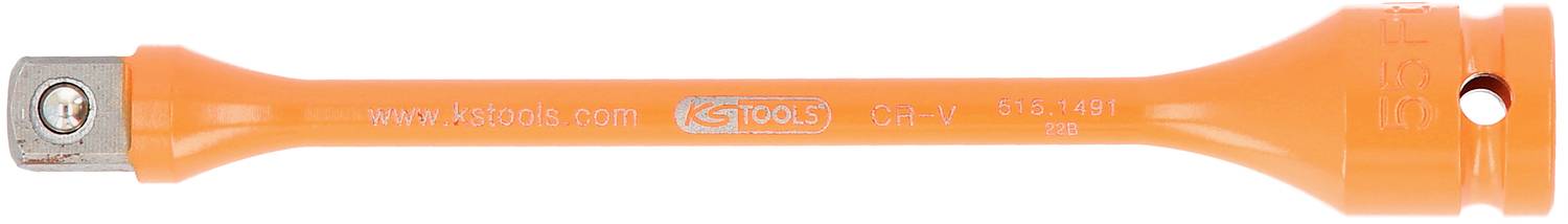 Orangener Verlängerungsstab mit Metallkopf; Aufschrift 'KS Tools', mit Spezifikationen. Verwendet in der Mechanik für schwer erreichbare Stellen.