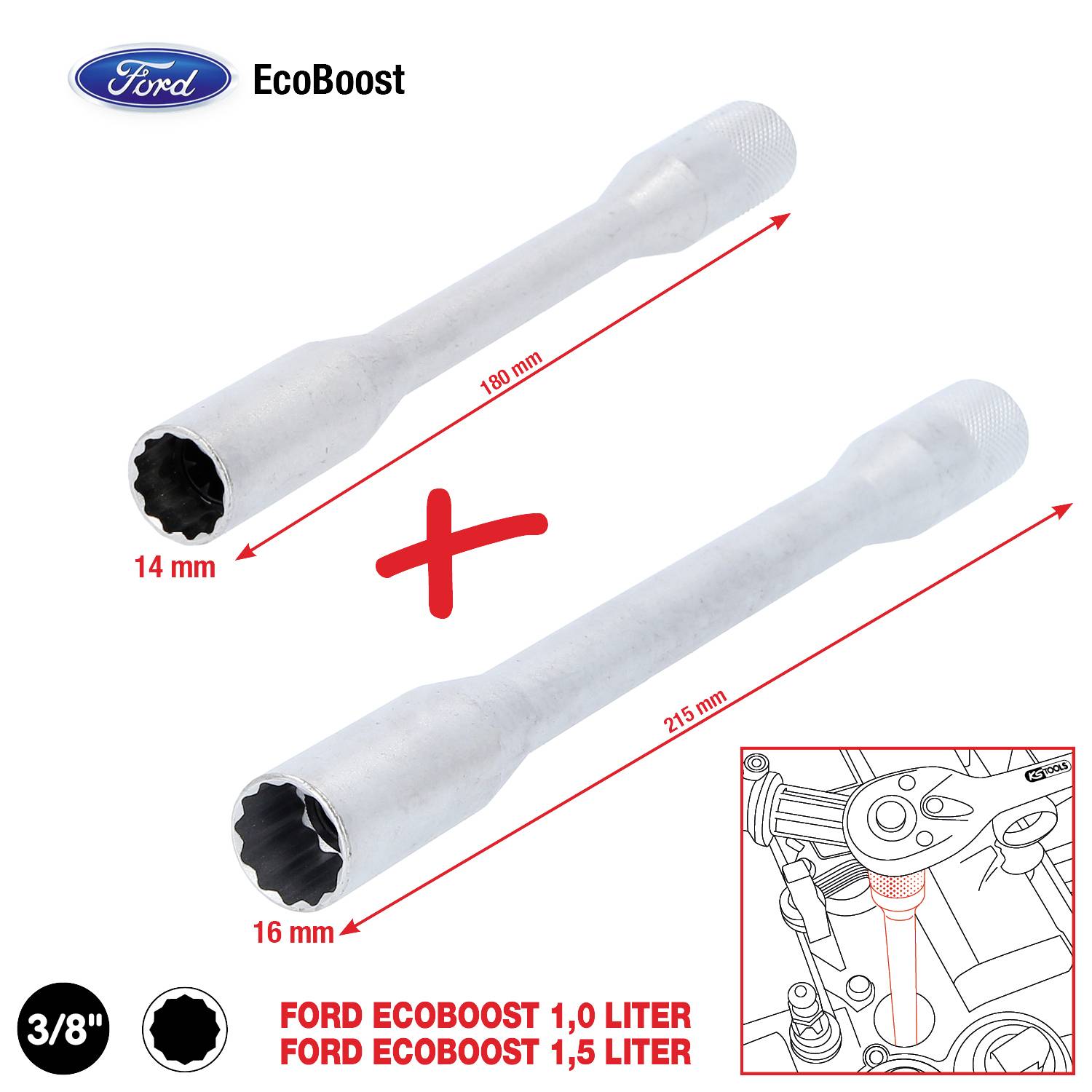Ford EcoBoost-Schlüsselaufsatz mit 14 mm und 16 mm Steckschlüsseleinsätzen, 180 mm und 235 mm lang, für 1,0 und 1,5 Liter Motoren.