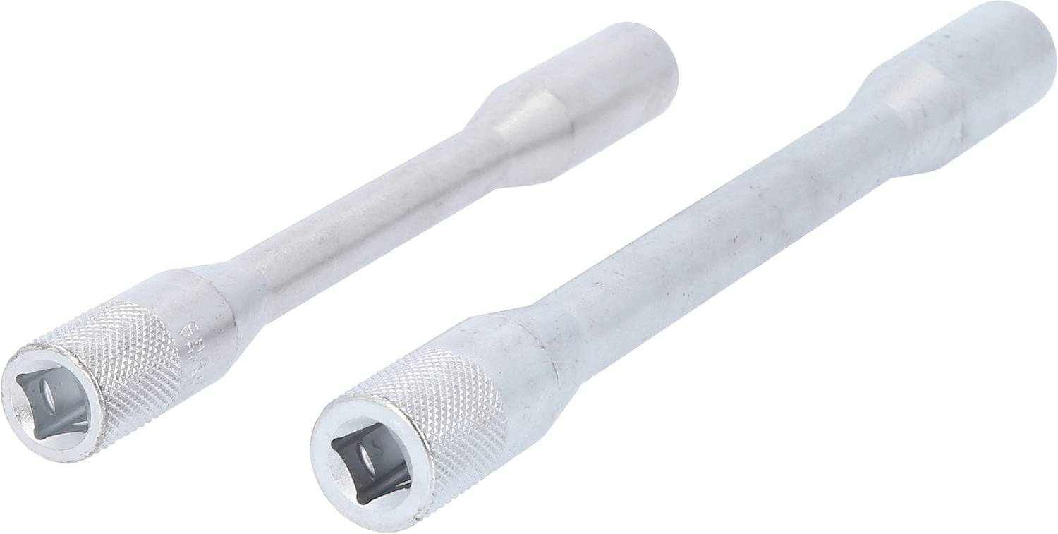 Zwei silberne Verlängerungsstangen mit gerändelten Griffen, die zur Verlängerung von Werkzeugen wie Steckschlüsseln verwendet werden.