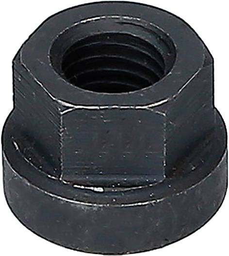 Eine schwarze Sechskantmutter aus Metall mit Innengewinde, typisch verwendet zur Befestigung von Schrauben in mechanischen Konstruktionen.