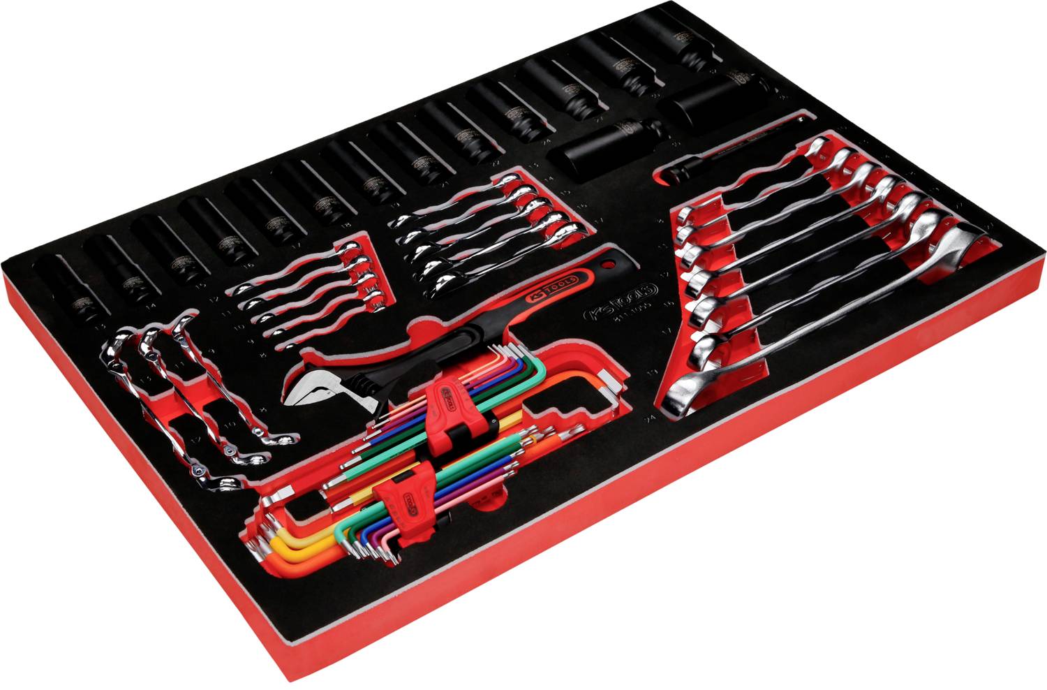 Werkzeugset mit verschiedenen Schraubenschlüsseln, Steckschlüsseln und Inbusschlüsseln in einer roten Schaumstoffeinlage.