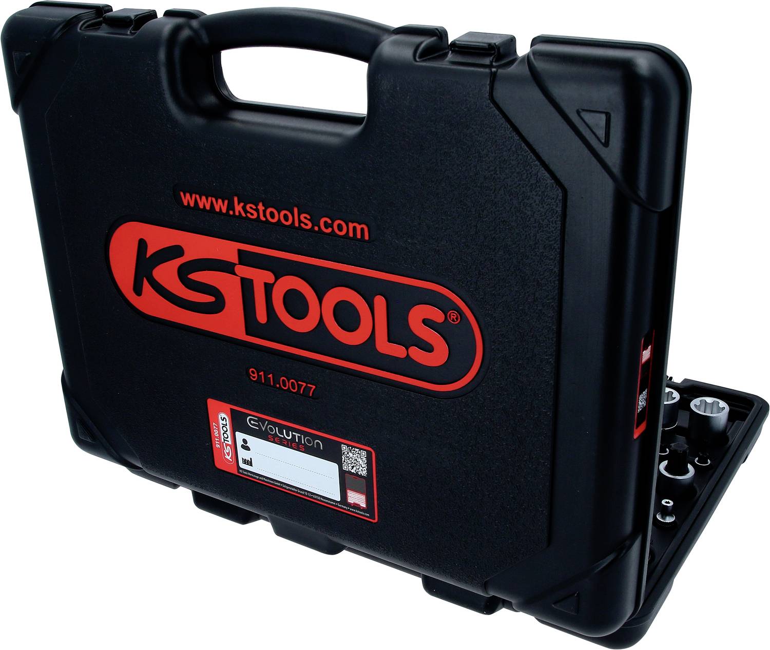 Schwarzer Werkzeugkoffer mit rotem KS Tools-Logo. Der Deckel ist leicht geöffnet und zeigt Werkzeugteile im Inneren.