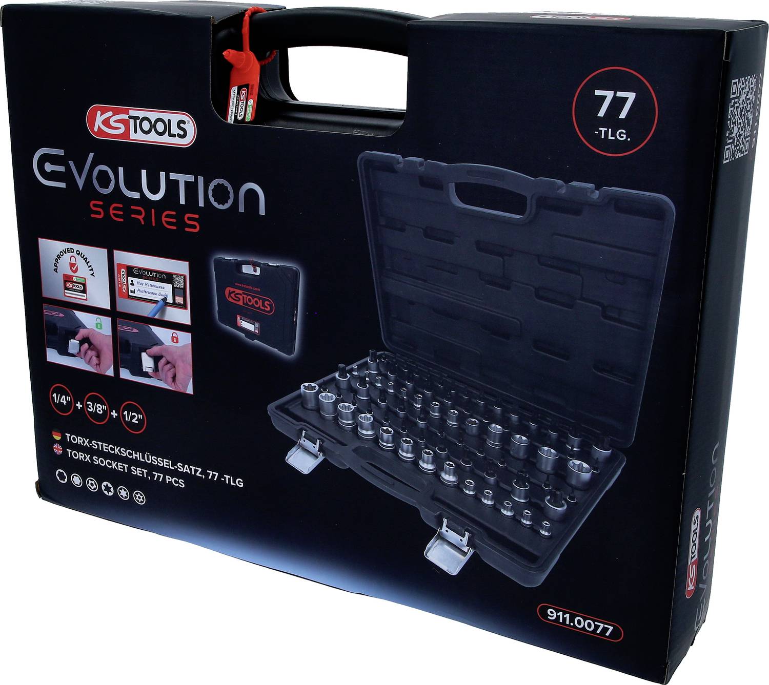 'KS Tools Evolution Series', schwarzer Werkzeugkoffer mit 77-teiligem Steckschlüsselsatz auf der Verpackung abgebildet.