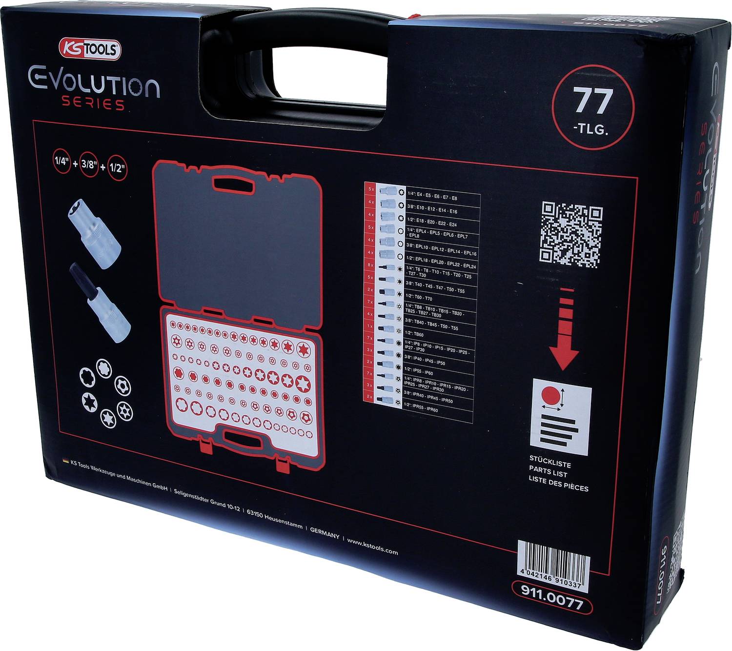 Schwarz-roter Werkzeugkoffer 'Evolution Series' mit 77-teiligem Set, grafische Darstellung des Inhalts und QR-Code für Teileliste.