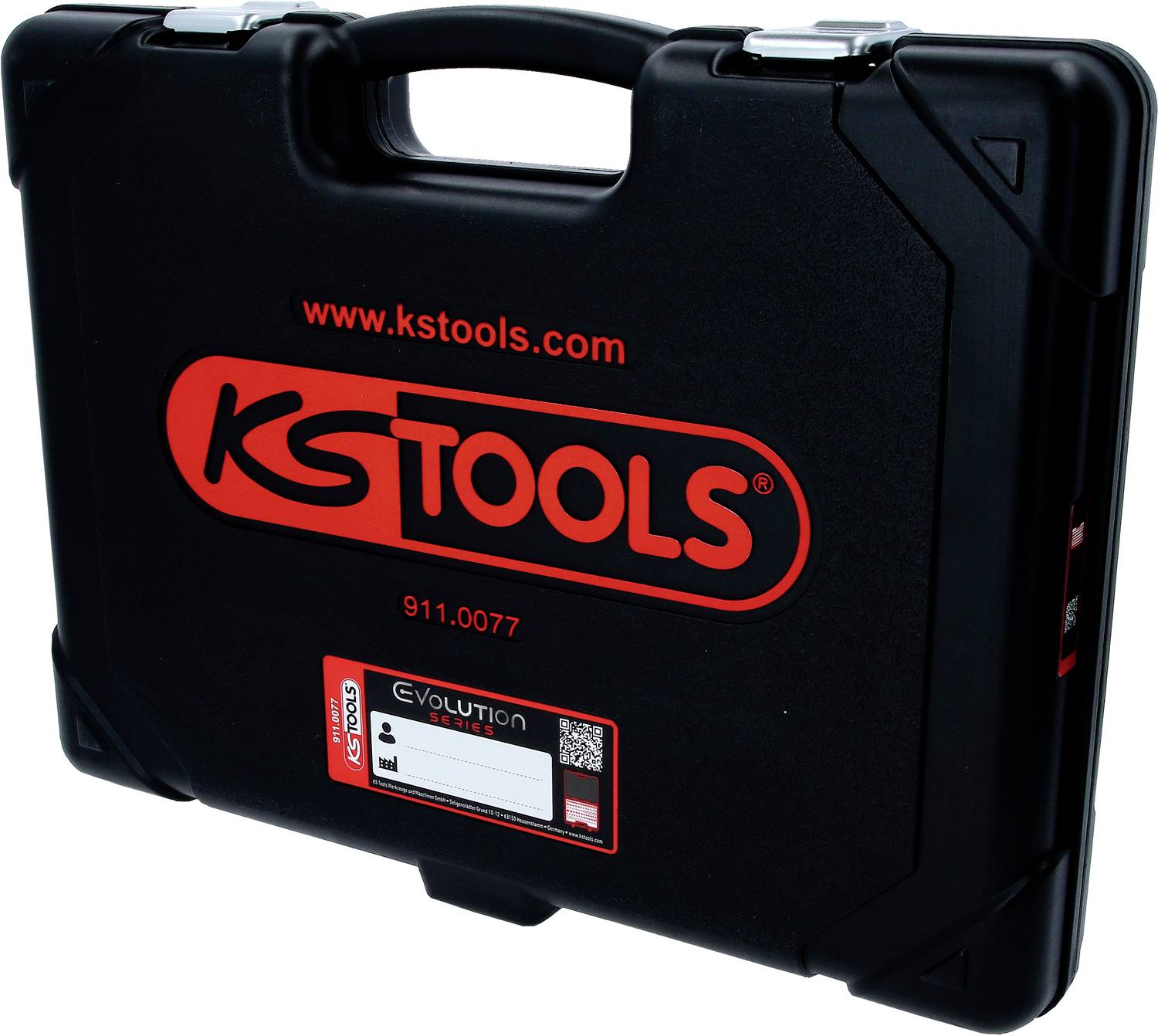 Schwarzer Werkzeugkoffer mit rotem 'KS TOOLS'-Logo und Webseite 'www.kstools.com'. Enthält Werkzeug für verschiedene Anwendungen.