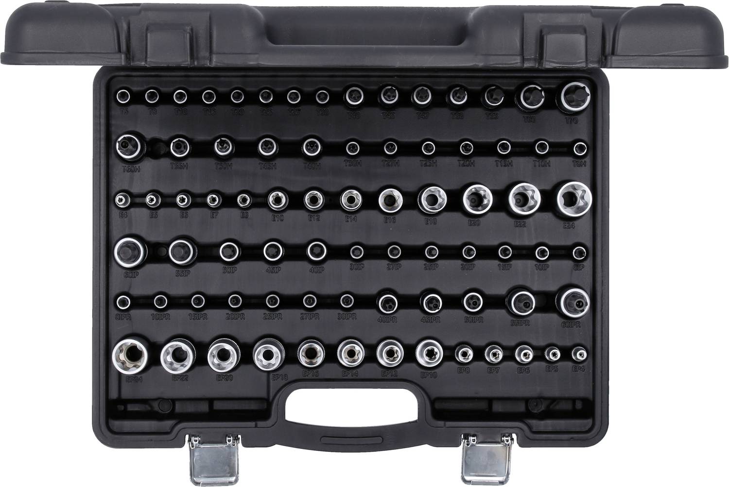 Satz von Steckschlüsseln in verschiedenen Größen in einem offenen schwarzen Koffer geordnet, geeignet für mechanische Arbeiten.