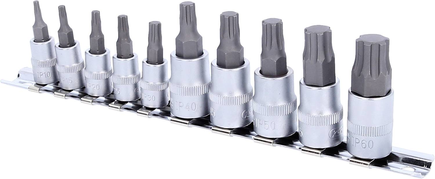 Zehnteiliges Set von Innensechskant-Bits auf einer Metallschiene.