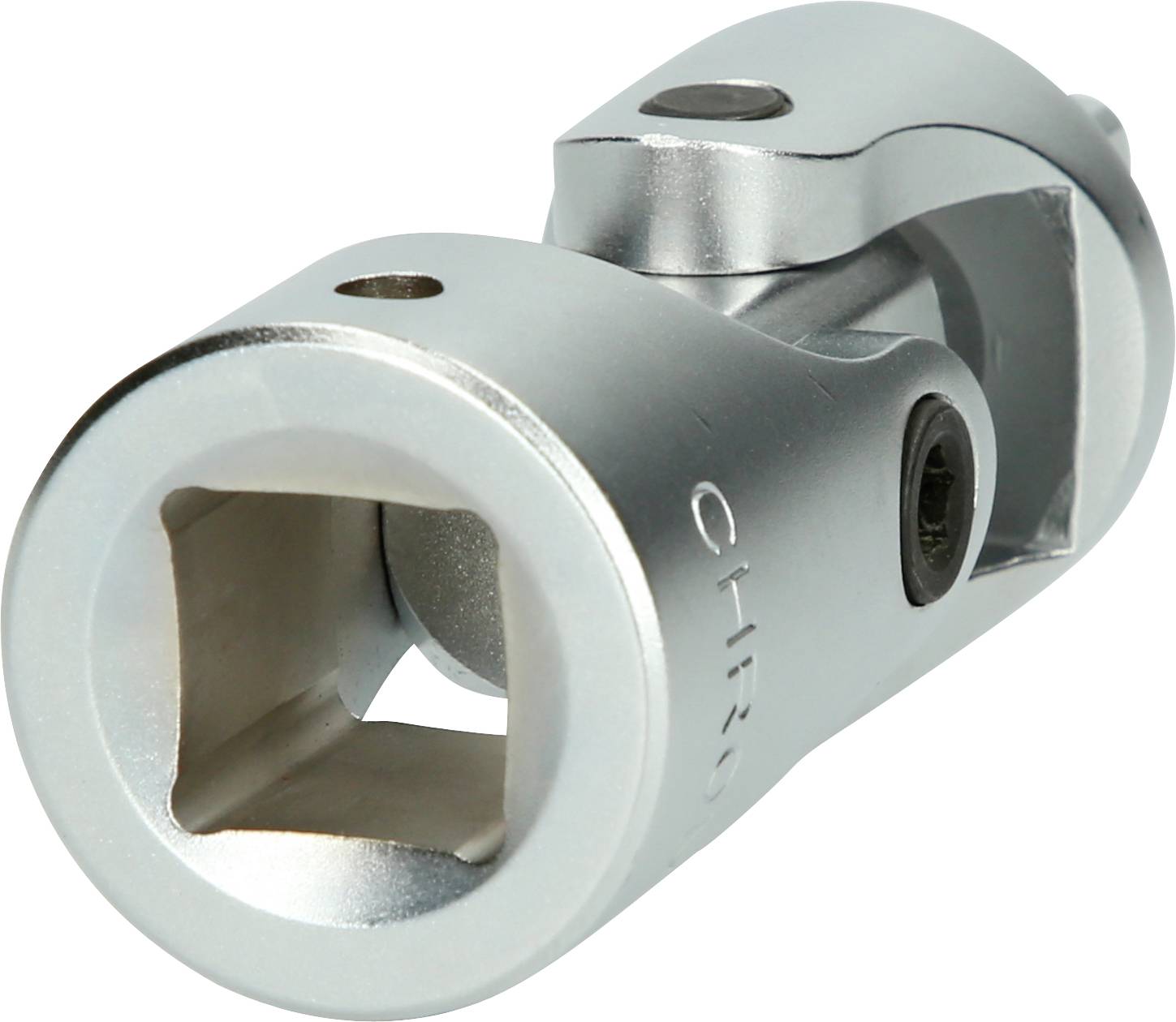 Ein silbernes Kardan-Gelenk aus Metall, das für den Einsatz in Werkzeugen oder Maschinen vorgesehen ist, mit einem quadratischen Anschluss.