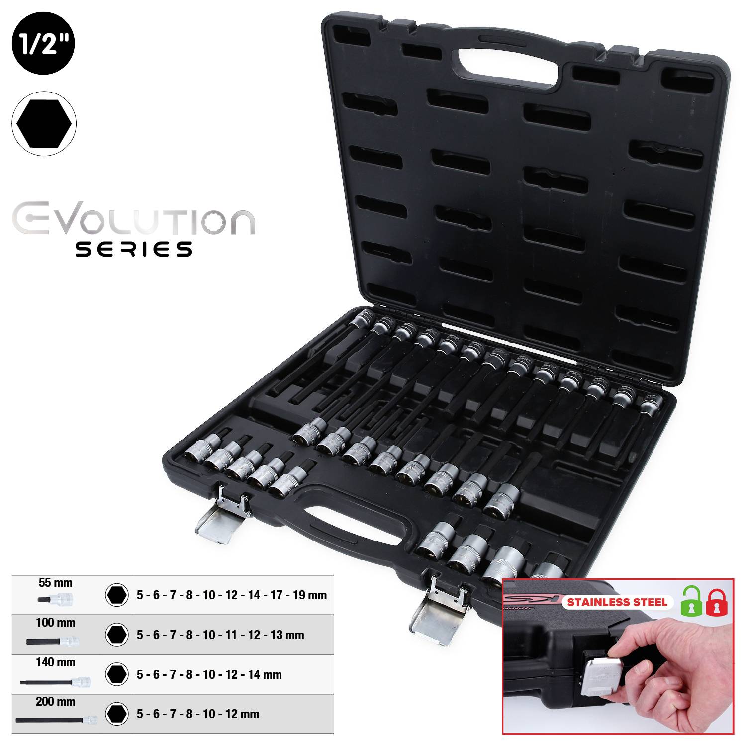 Ein Set Steckschlüssel im offenen schwarzen Koffer. Auflistung der enthaltenen Größen von 5 bis 19 mm. Text 'Evolution Series', 'Stainless Steel'.