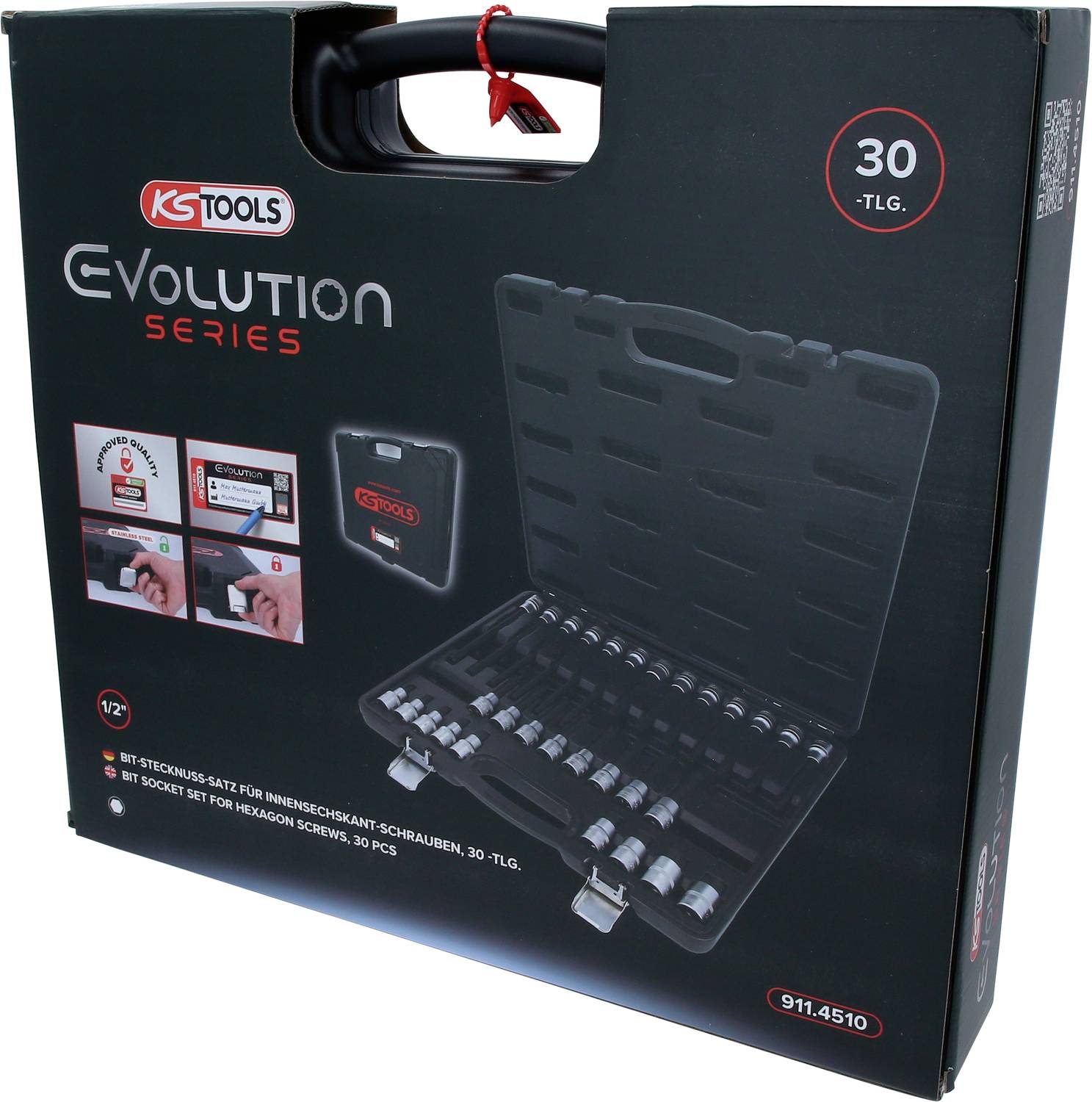 Koffer mit Steckschlüsselsatz, 30-teilig, abgebildet. KS Tools Evolution Series. Enthält verschiedene Steckschlüsselgrößen.