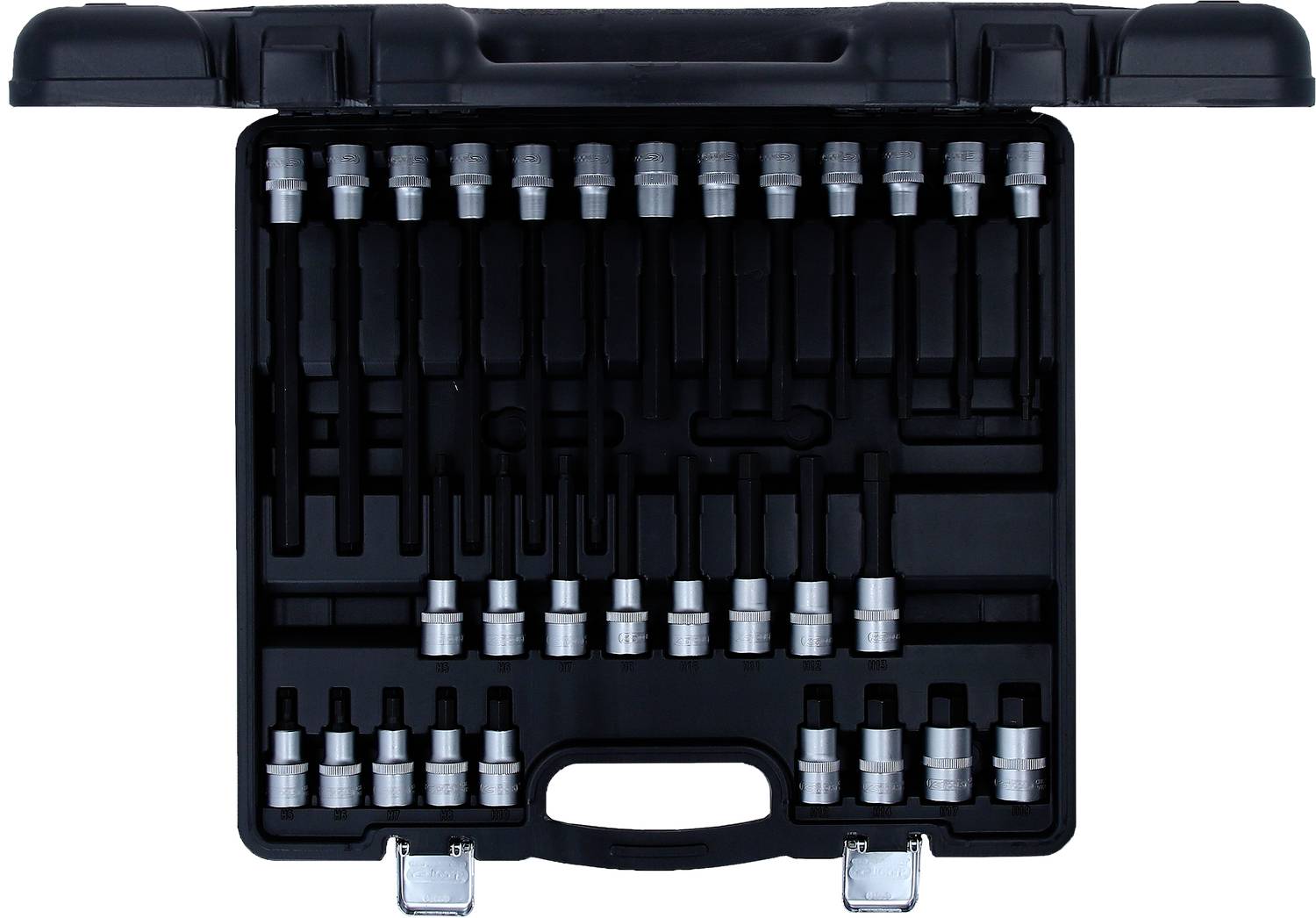 Ein offener Kunststoffkoffer zeigt ein Set von Steckschlüsseln und Verlängerungen in verschiedenen Größen, ordentlich angeordnet.