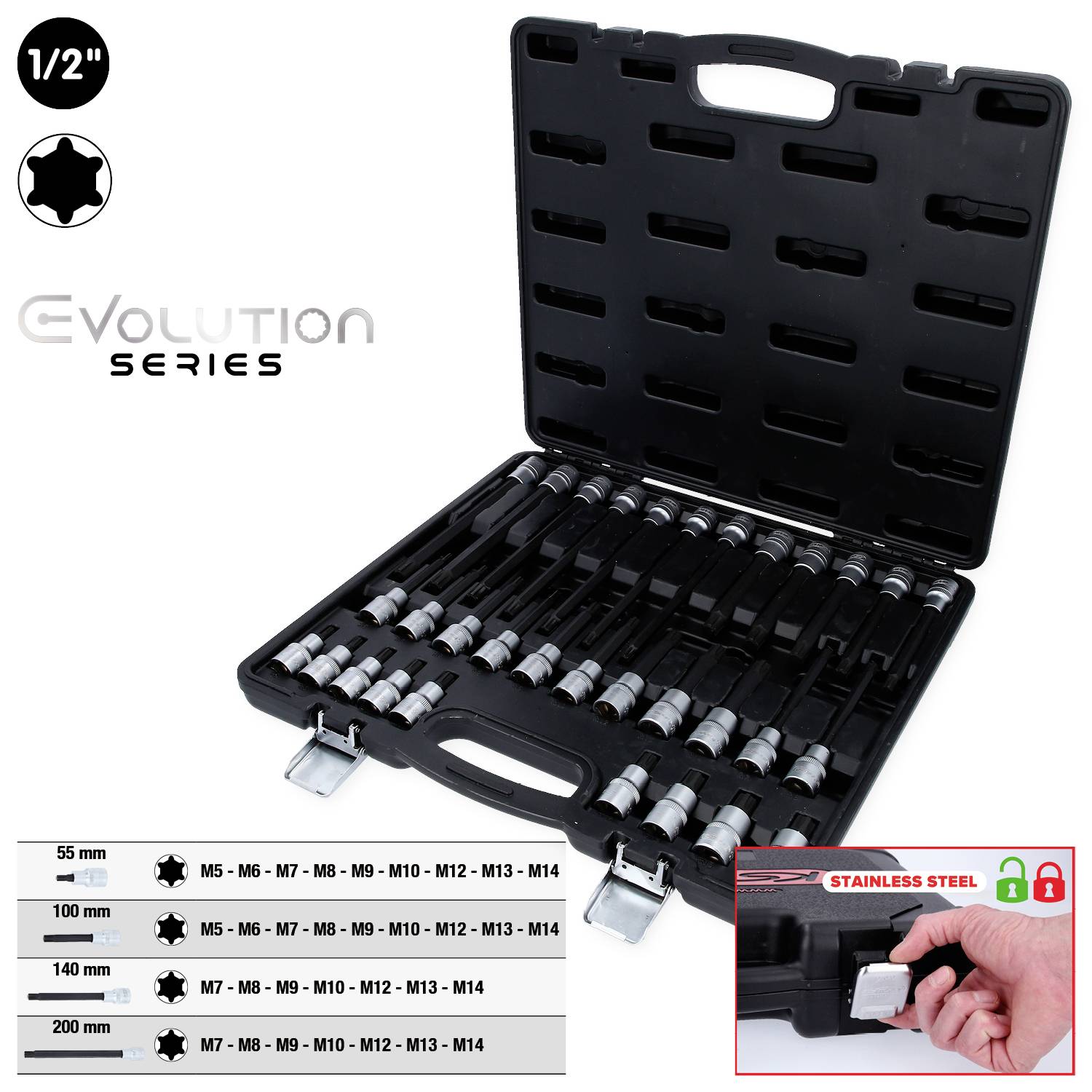 Offener schwarzer Koffer mit einem Set aus Metalladaptern in verschiedenen Größen von M5 bis M14. Neben dem Koffer: Bild eines Verschlusses mit Text 'Stainless Steel'.