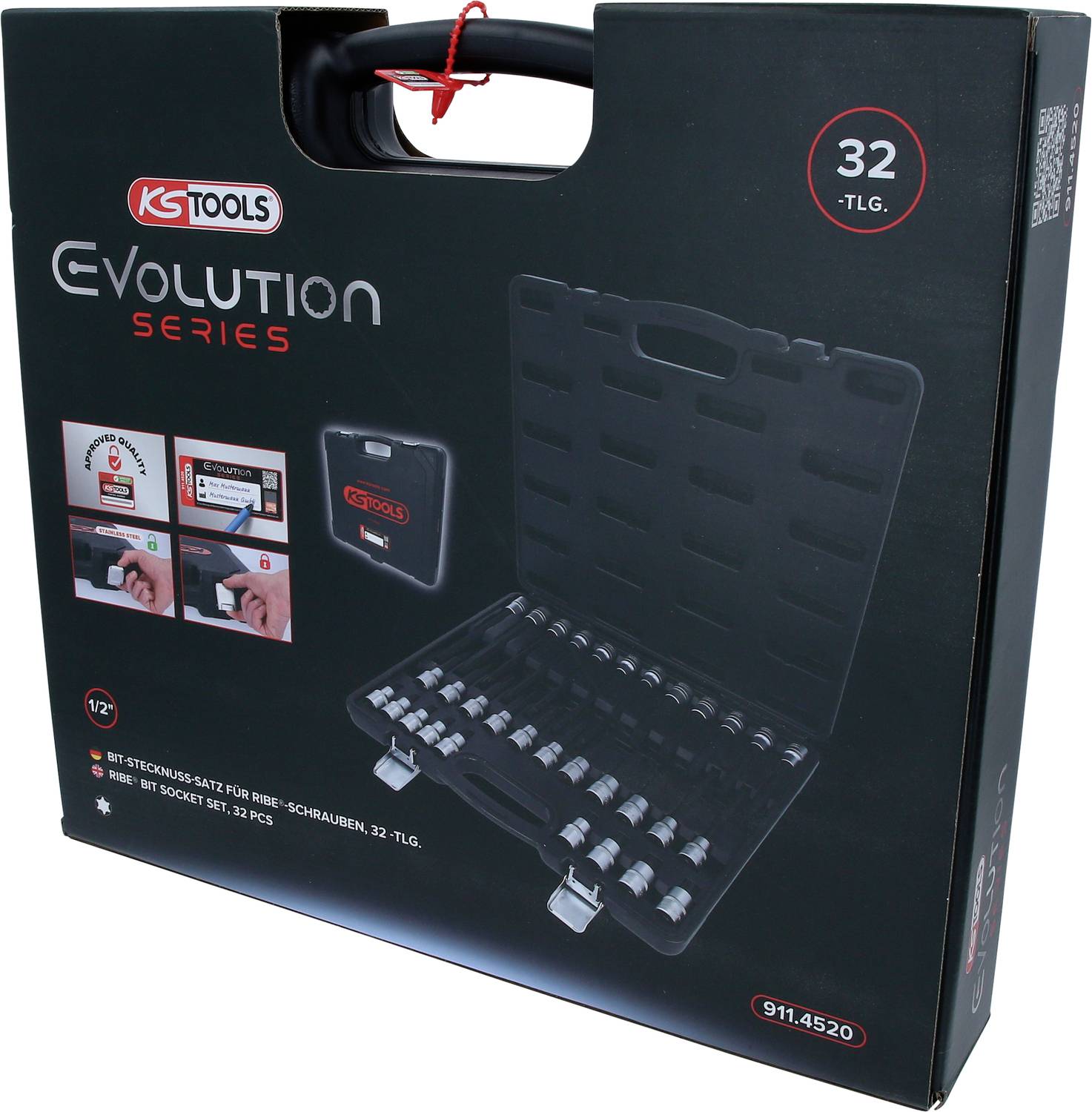 Ein schwarzer Koffer der Marke 'KS Tools' aus der 'Evolution Series' mit 32 Teilen. Zeigt Steckschlüssel-Set auf Verpackung.