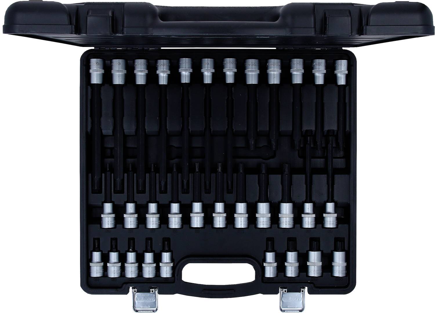 Offener Werkzeugkoffer mit verschiedenen Steckaufsätzen und Verlängerungen, geordnet in Fächern. Ideal für Reparaturarbeiten.