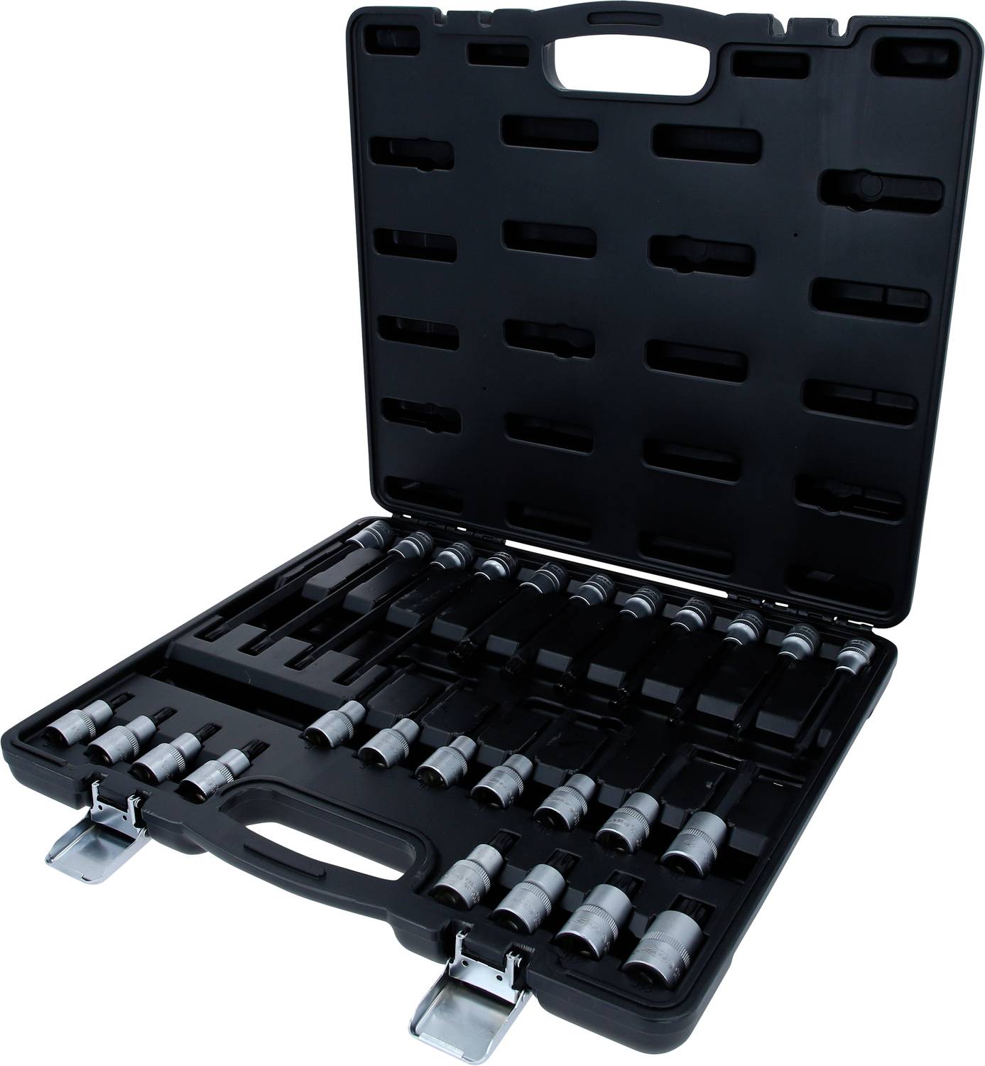 Ein schwarzer Hartschalenkoffer mit verschiedenen Einsteckwerkzeugen und Adaptern in geordneten Fächern.