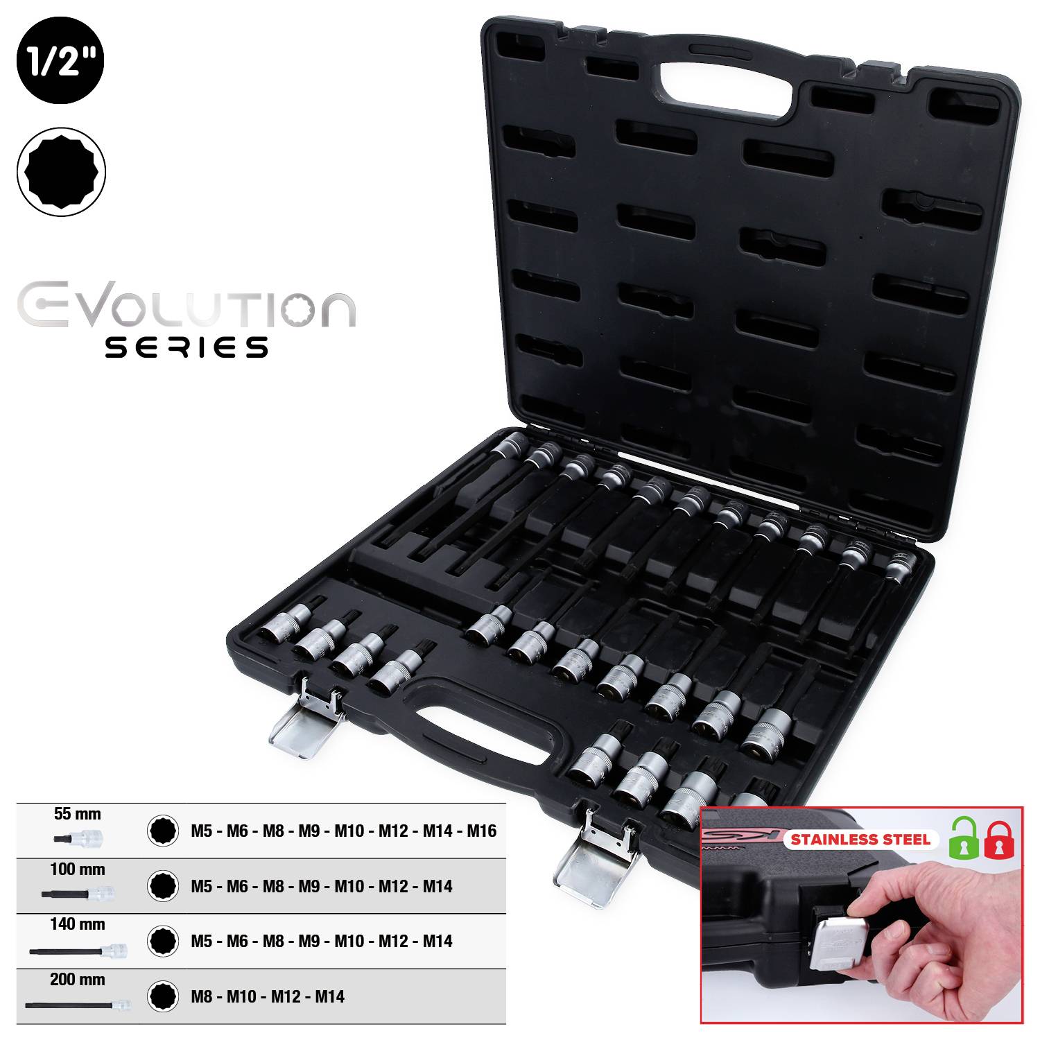 Ein offener Werkzeugkoffer aus der Evolution Series mit Stecknüssen in verschiedenen Größen. Der Fokus liegt auf der Auswahl in Zollgrößen.